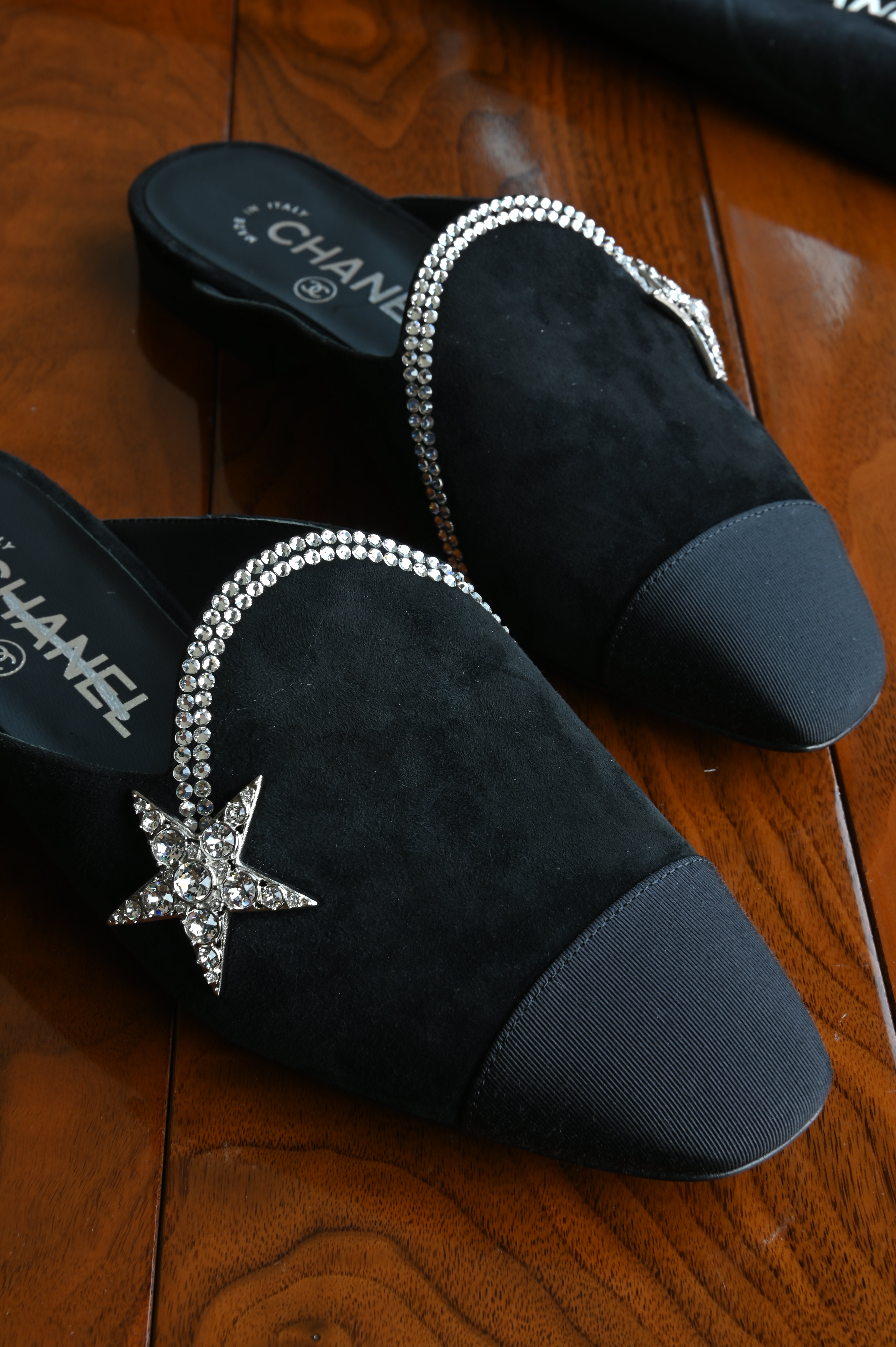 Chanel Suede Crystal Embellished Mules
