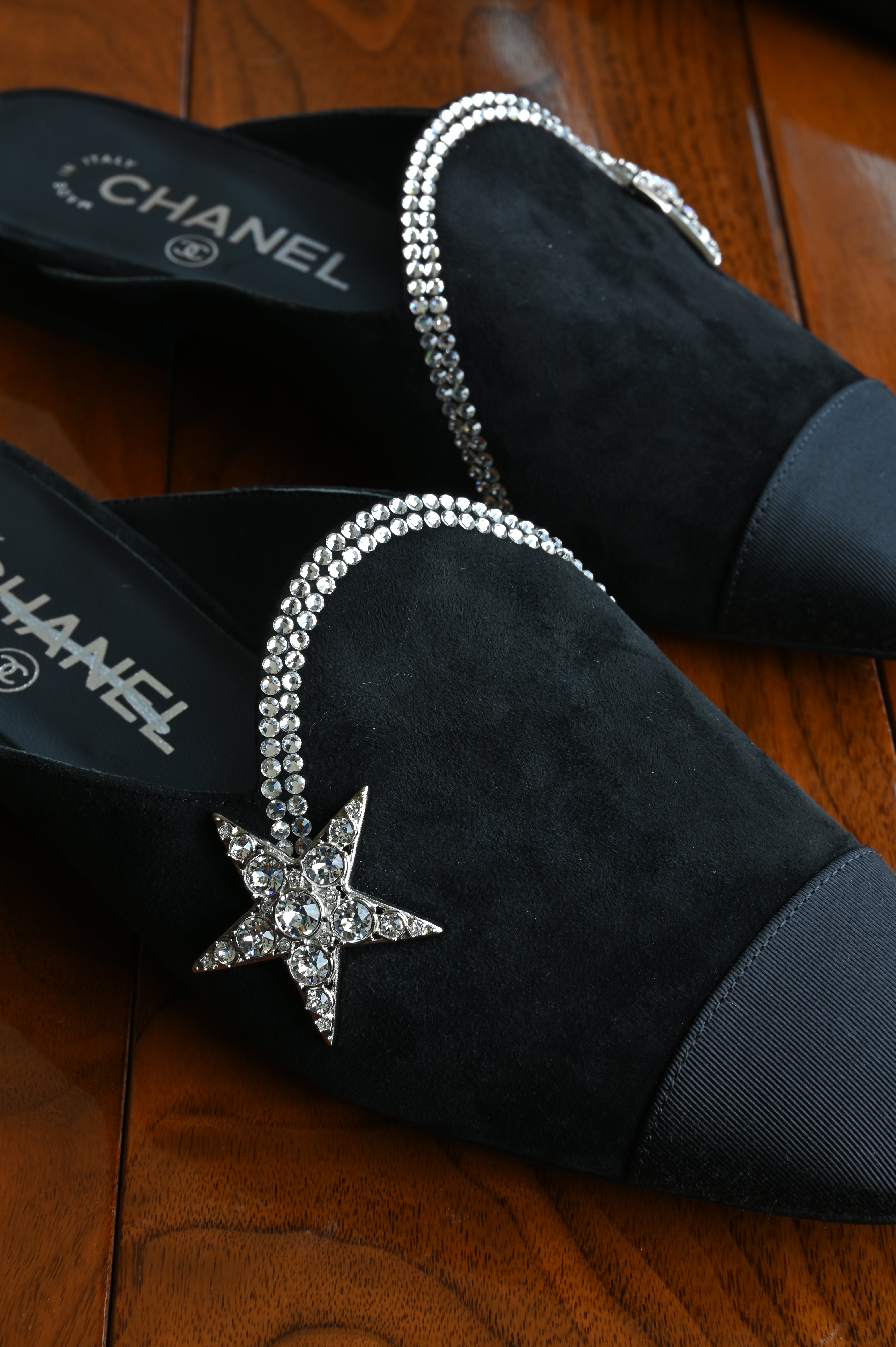 Chanel Suede Crystal Embellished Mules