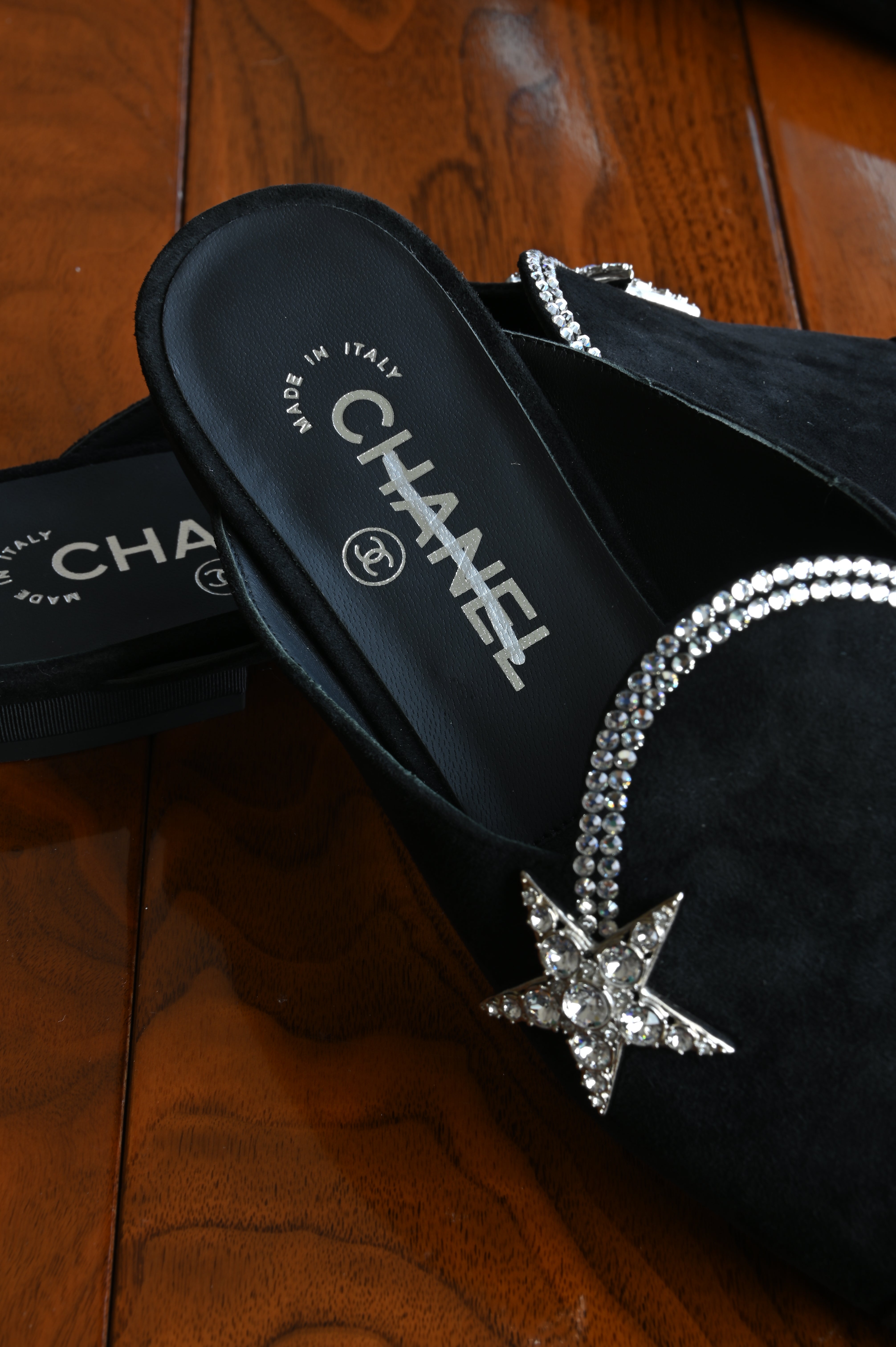 Chanel Suede Crystal Embellished Mules
