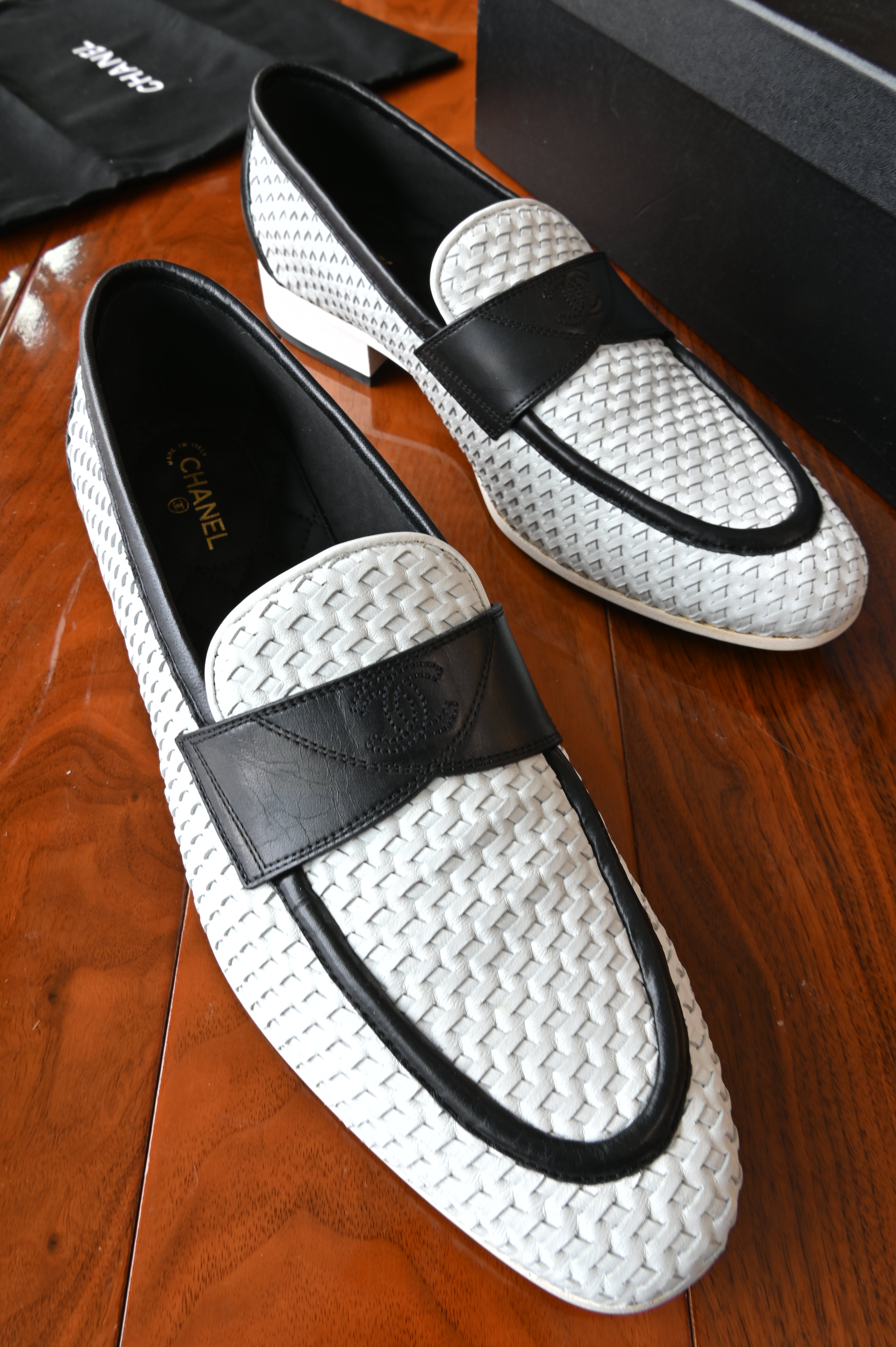 Chanel White Black Woven Loafers
