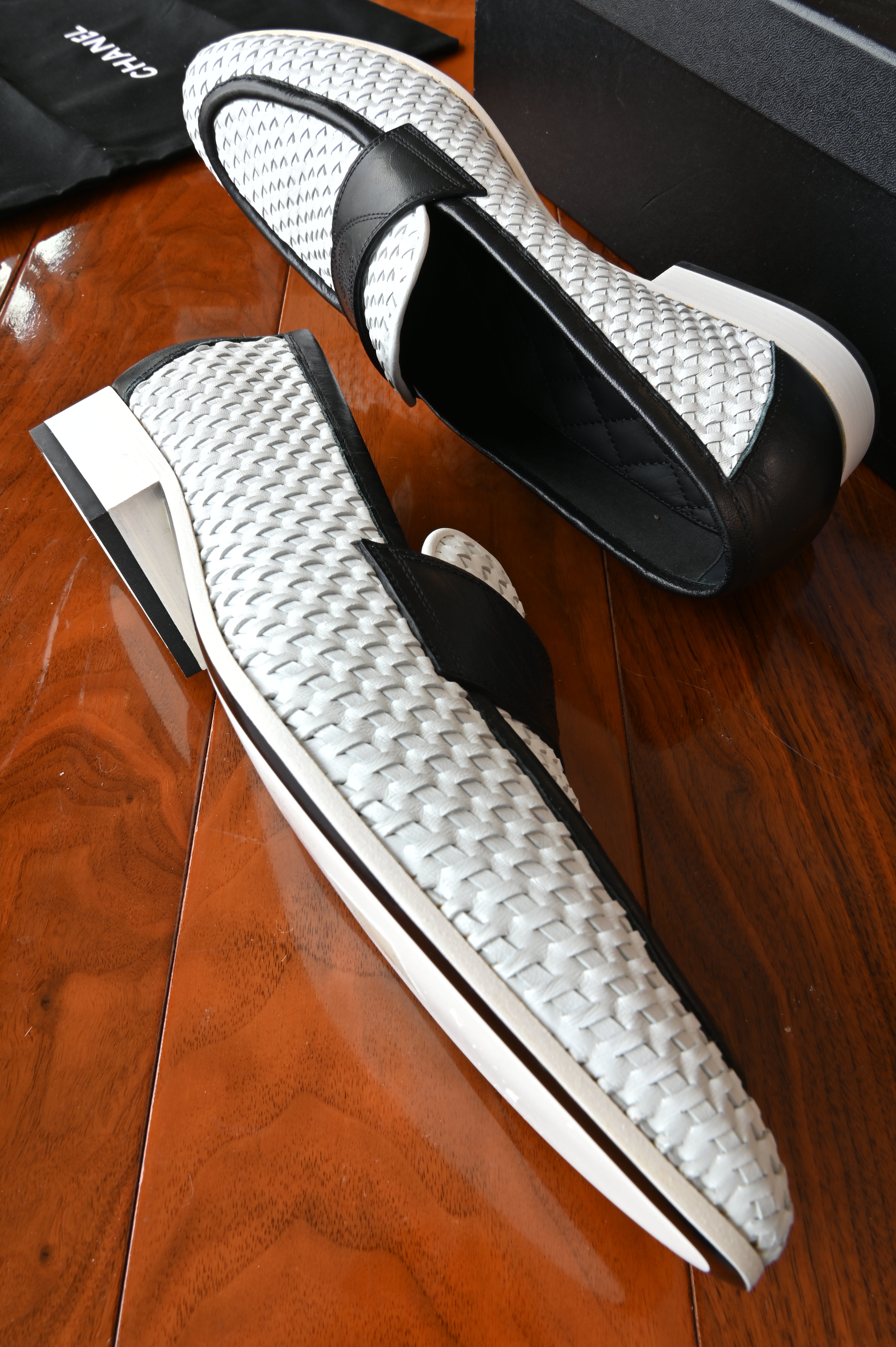 Chanel White Black Woven Loafers