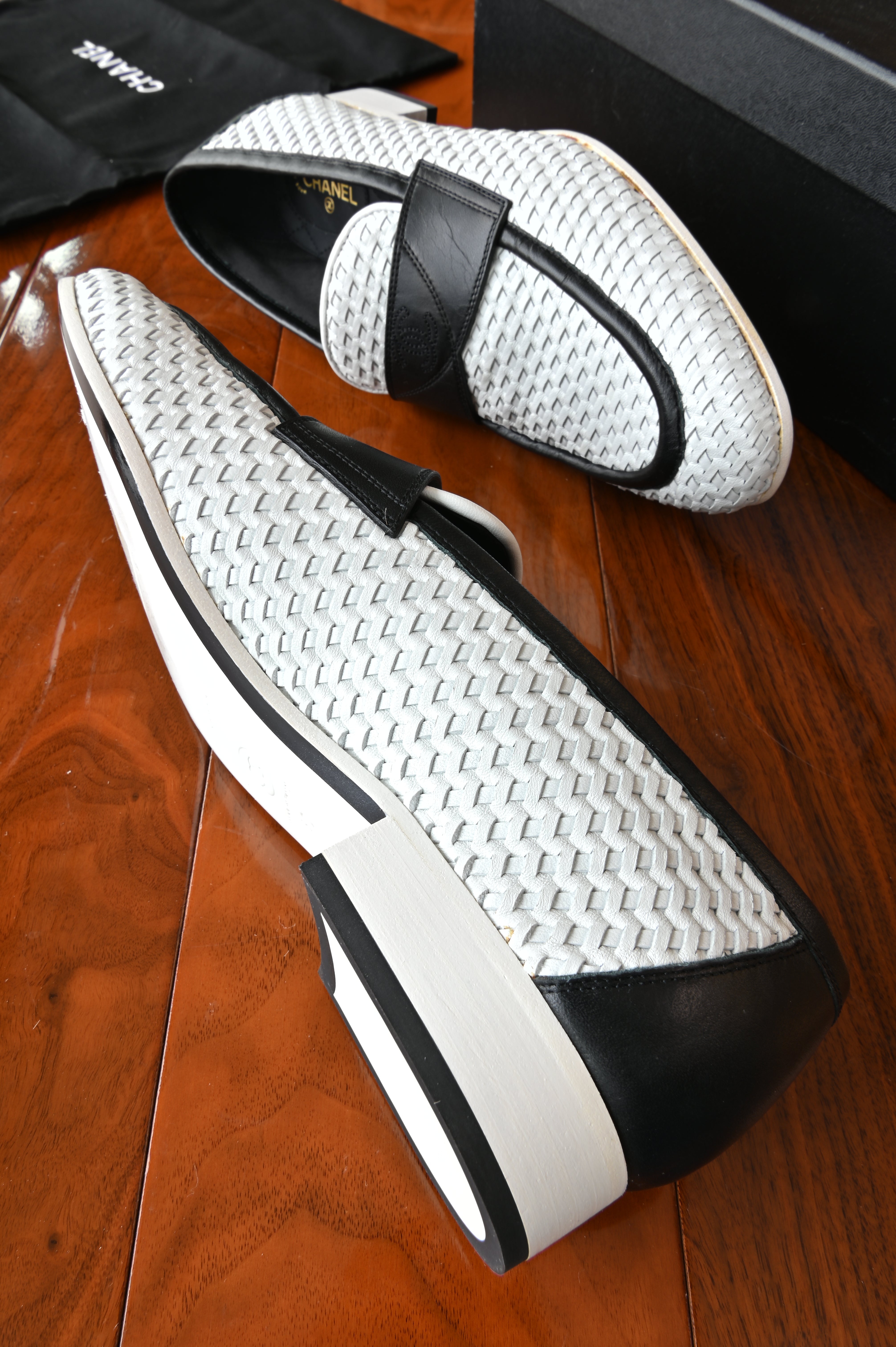 Chanel White Black Woven Loafers