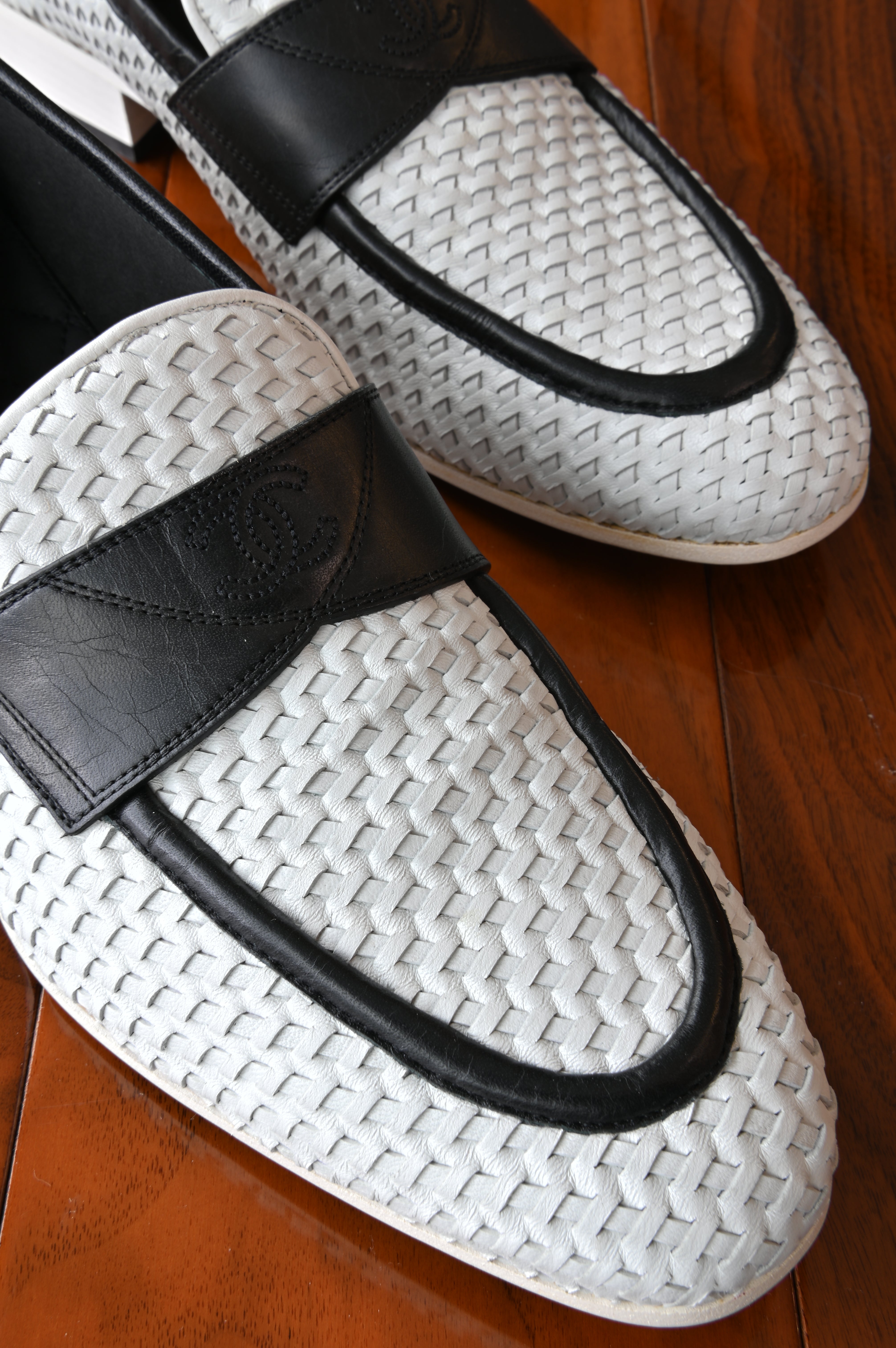 Chanel White Black Woven Loafers