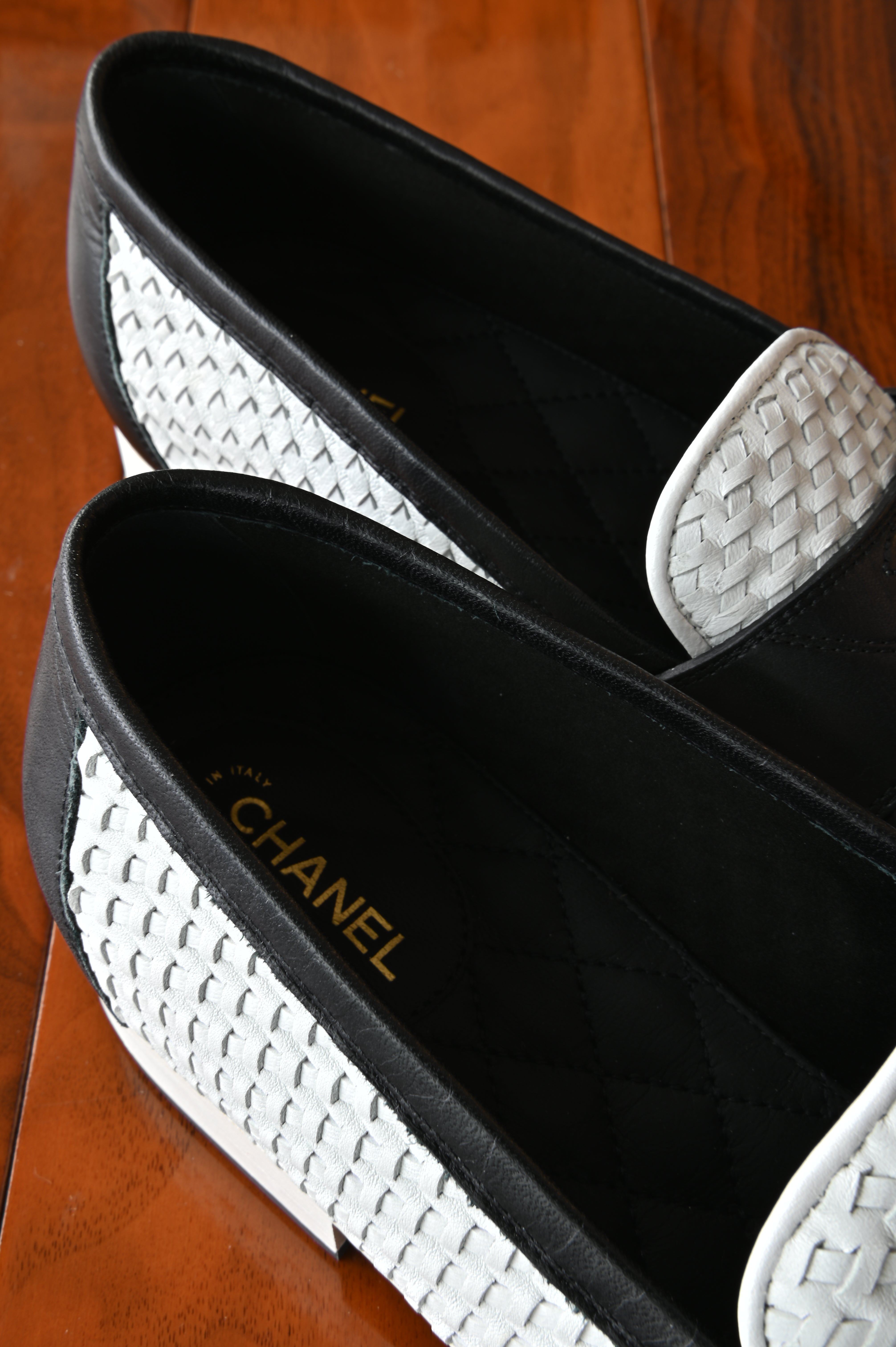 Chanel White Black Woven Loafers