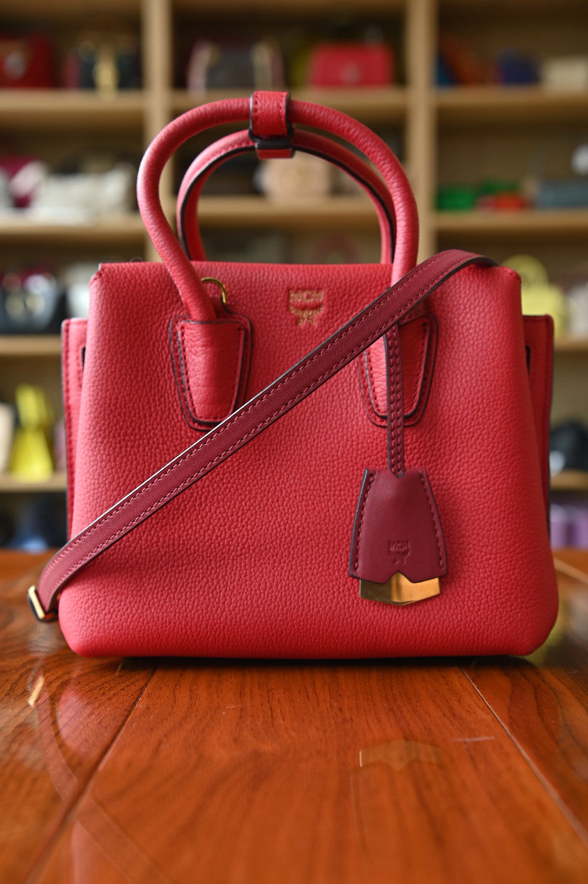 MCM Red Milla Grained Leather Tote Bag