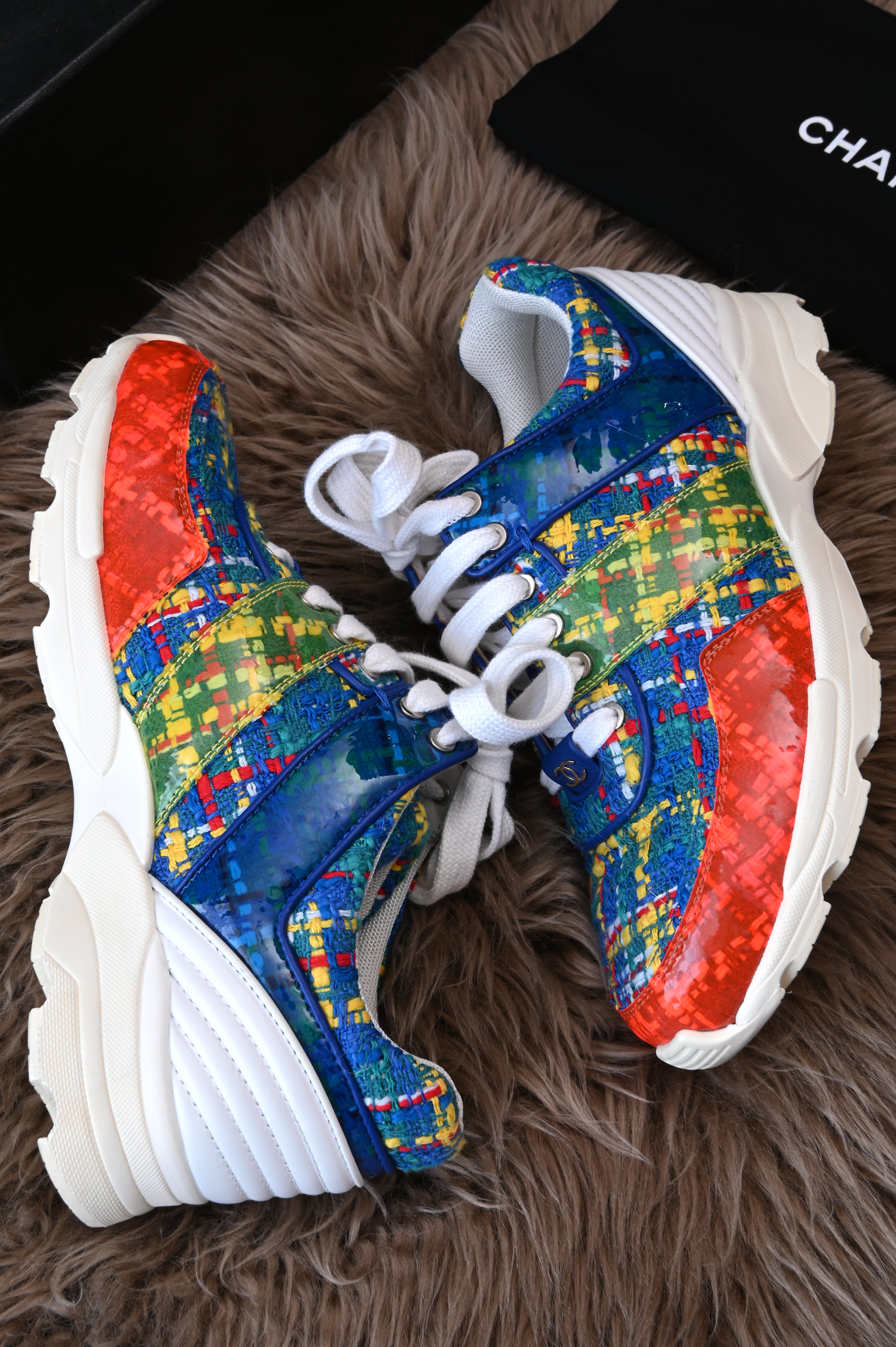 Chanel Multi-color Tweed Fabric And PVC Lace Up Sneakers