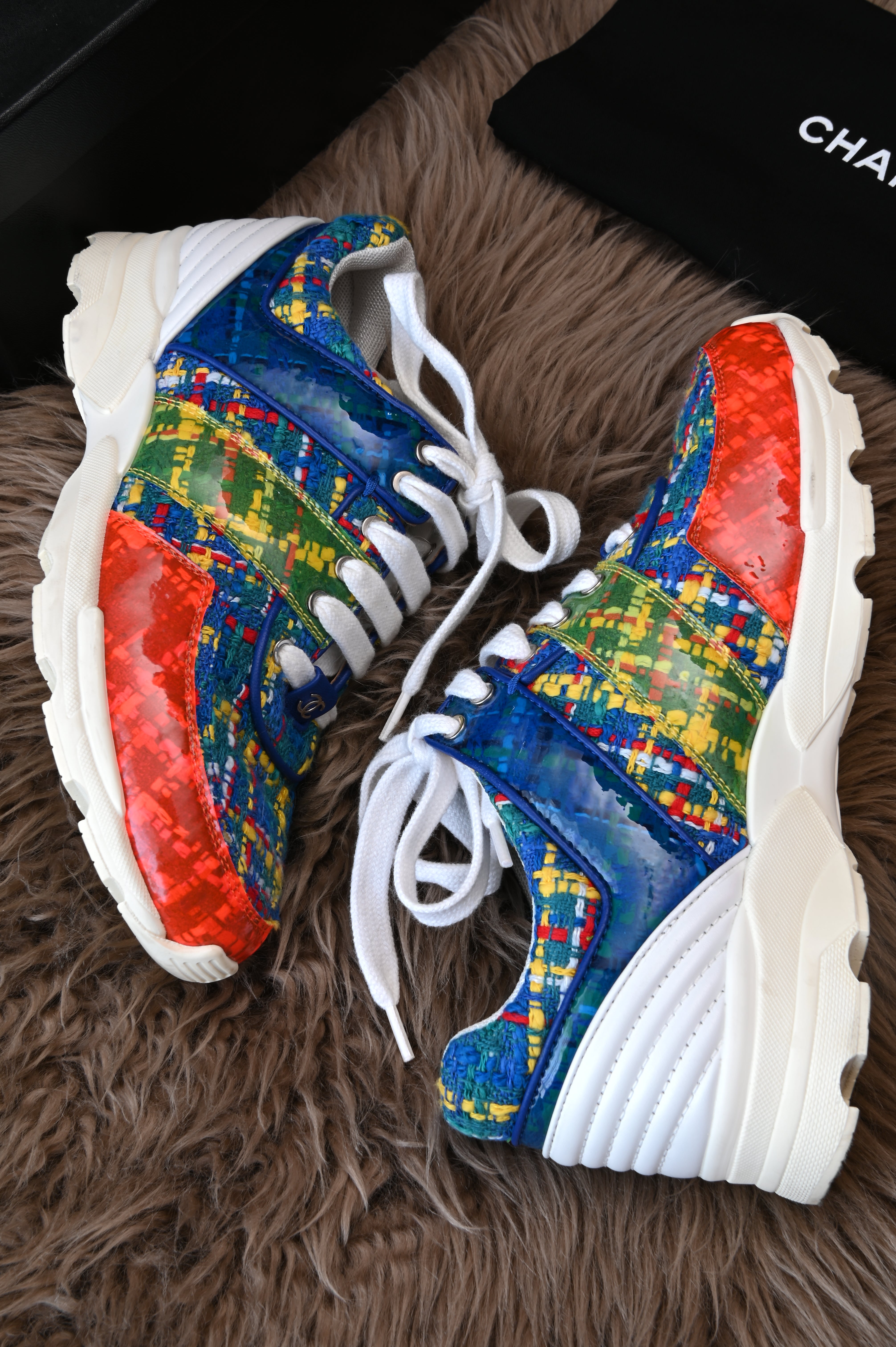 Chanel Multi-color Tweed Fabric And PVC Lace Up Sneakers