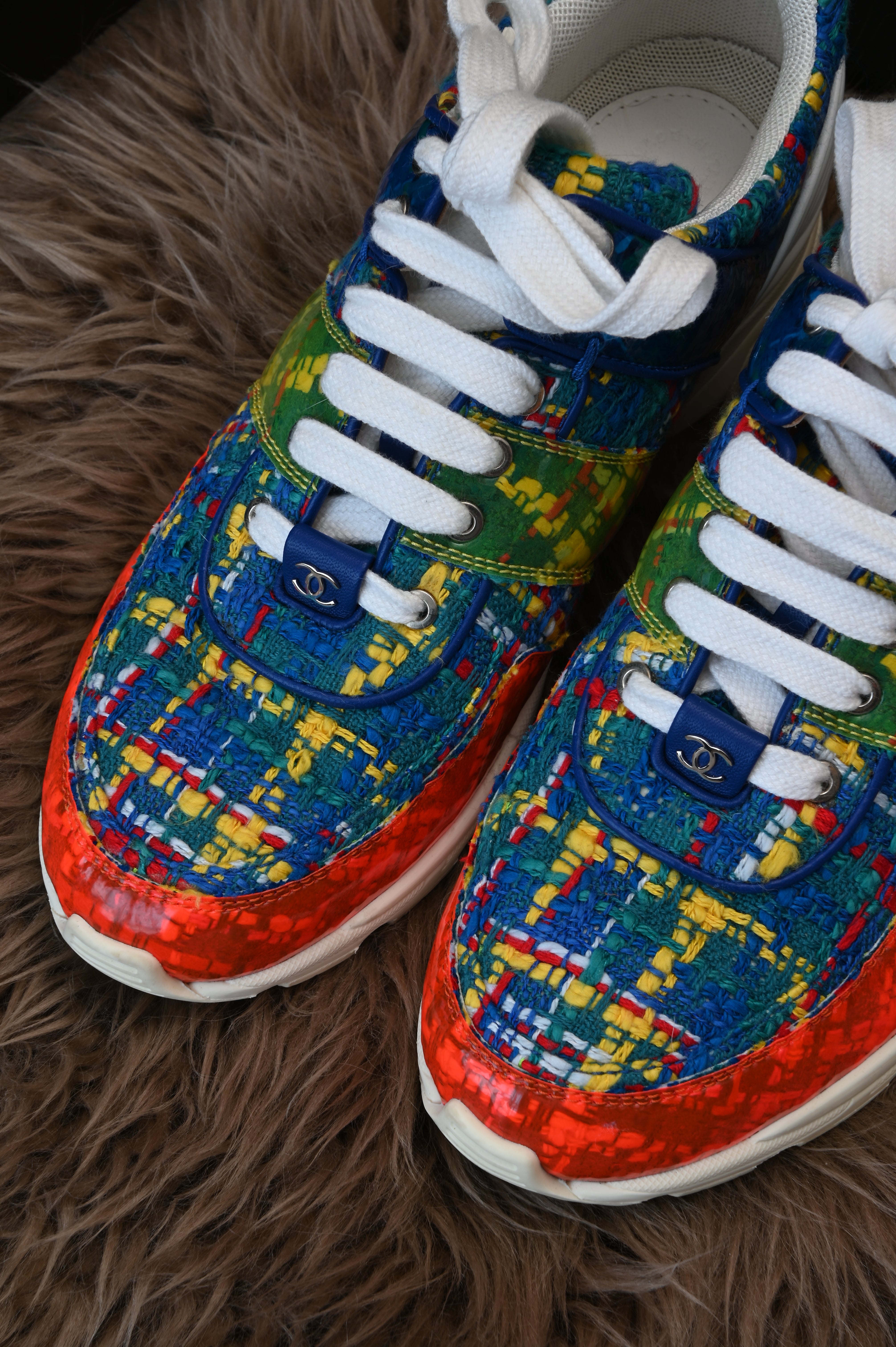 Chanel Multi-color Tweed Fabric And PVC Lace Up Sneakers