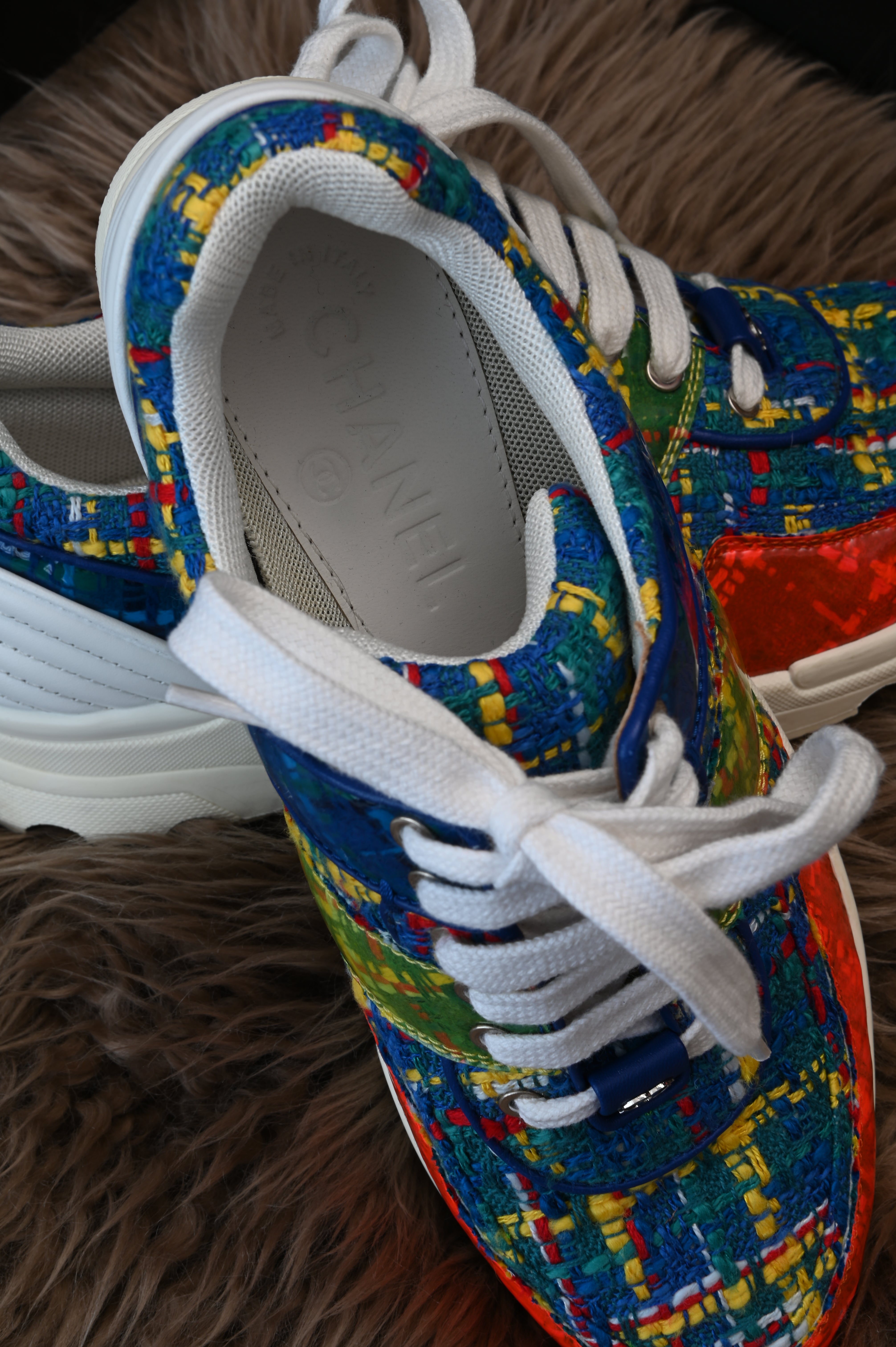 Chanel Multi-color Tweed Fabric And PVC Lace Up Sneakers