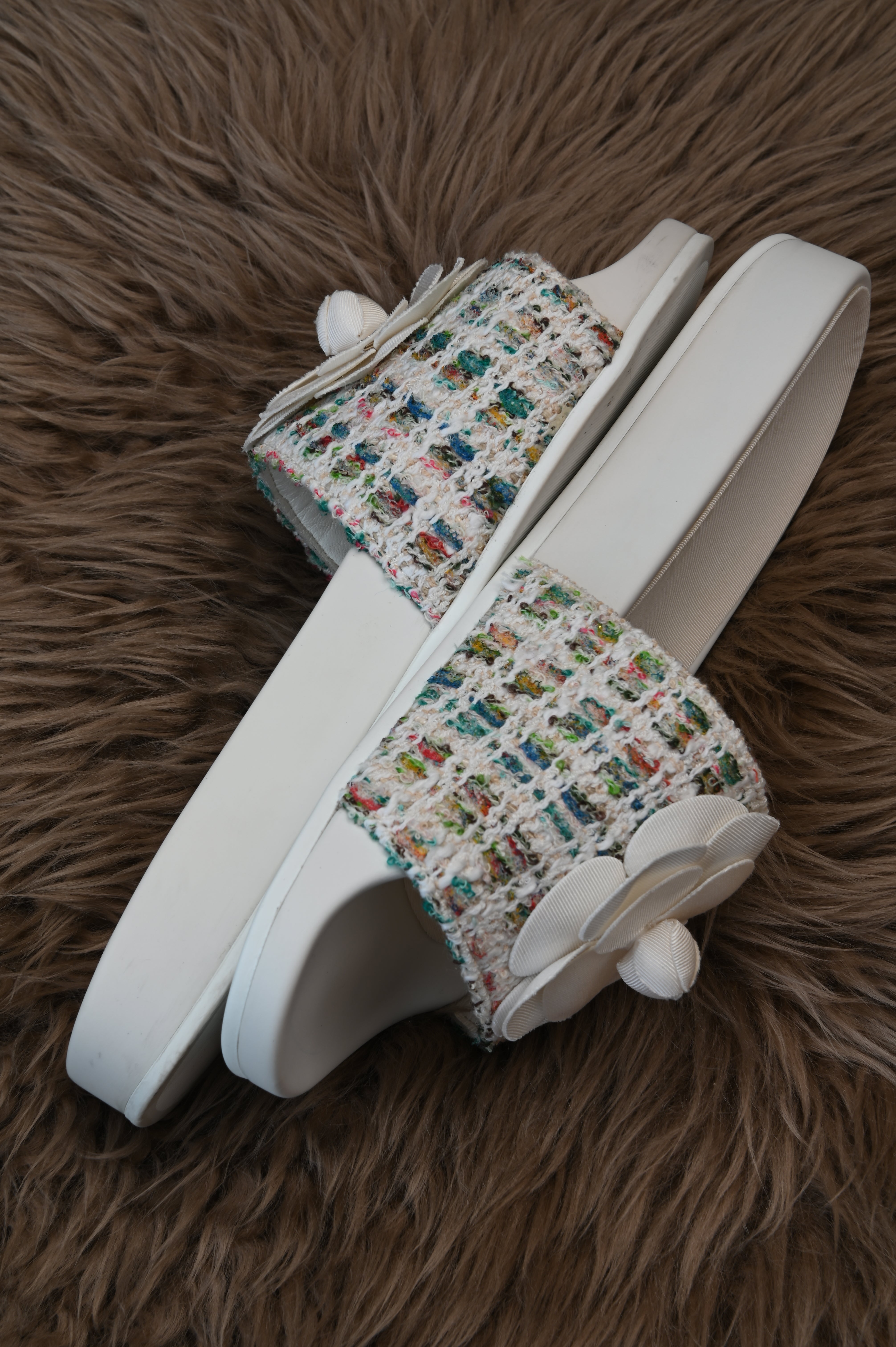 Chanel Multi-color Camellia Tweed CC Flat Slides