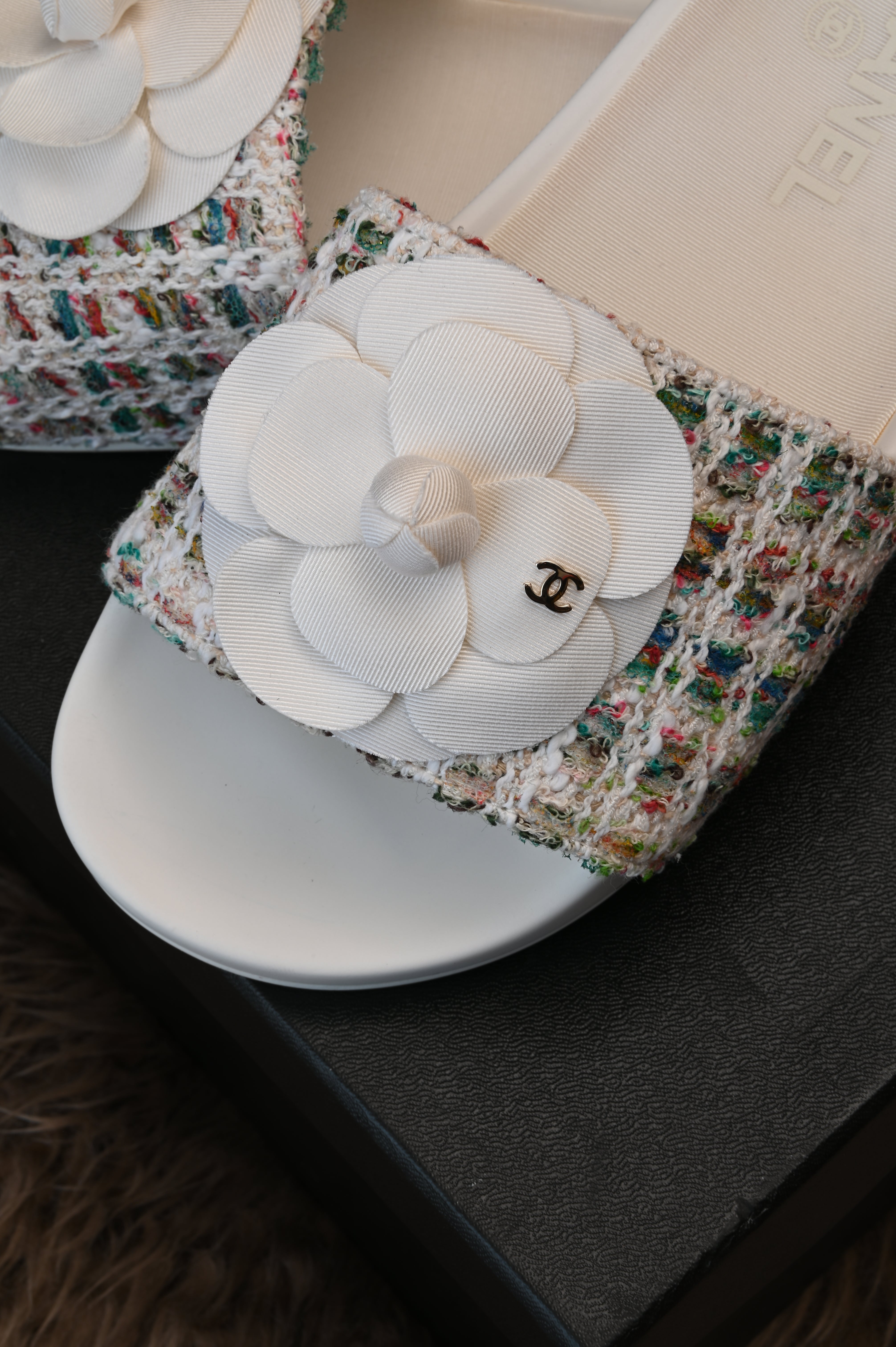 Chanel Multi-color Camellia Tweed CC Flat Slides