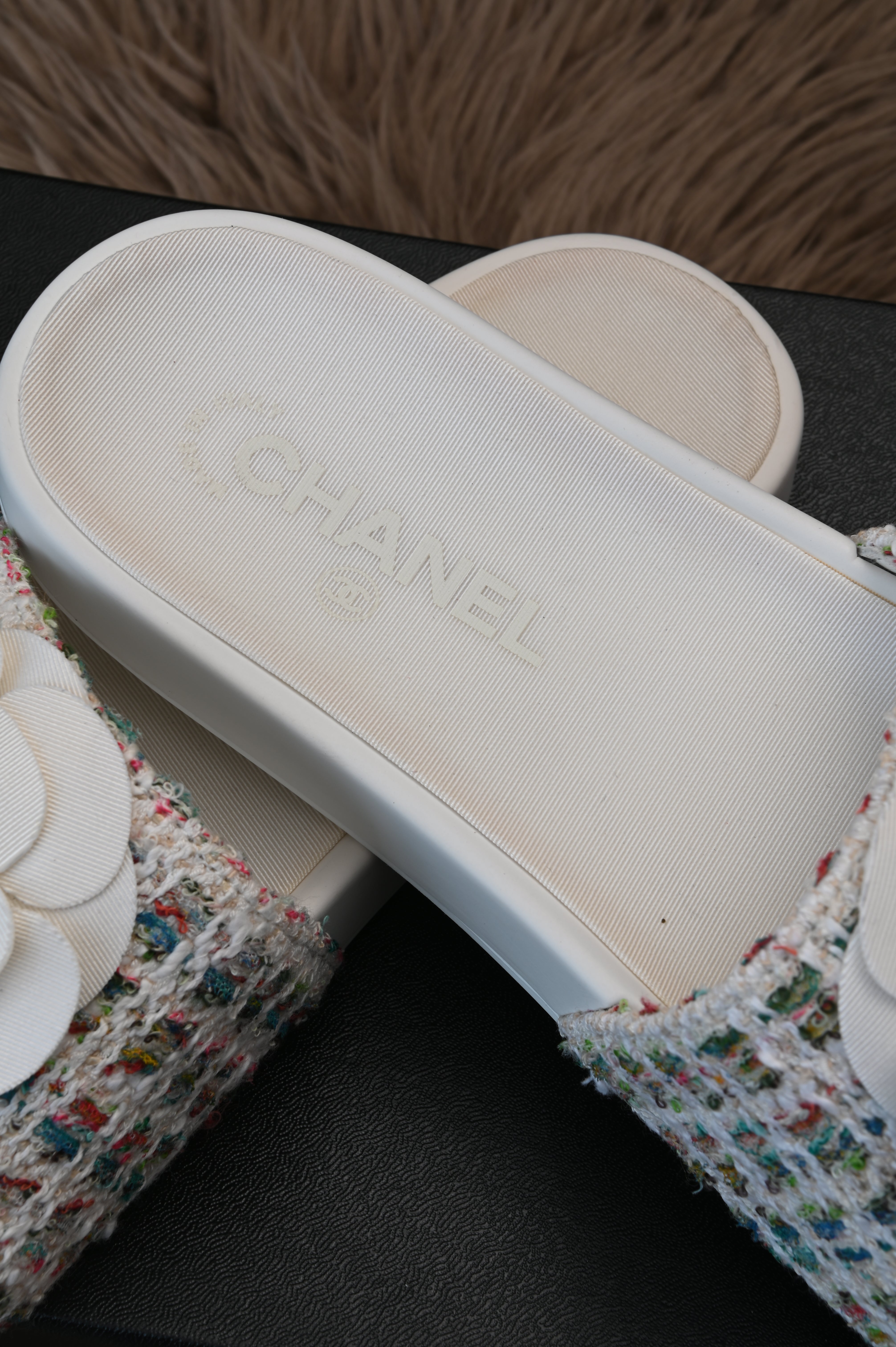 Chanel Multi-color Camellia Tweed CC Flat Slides