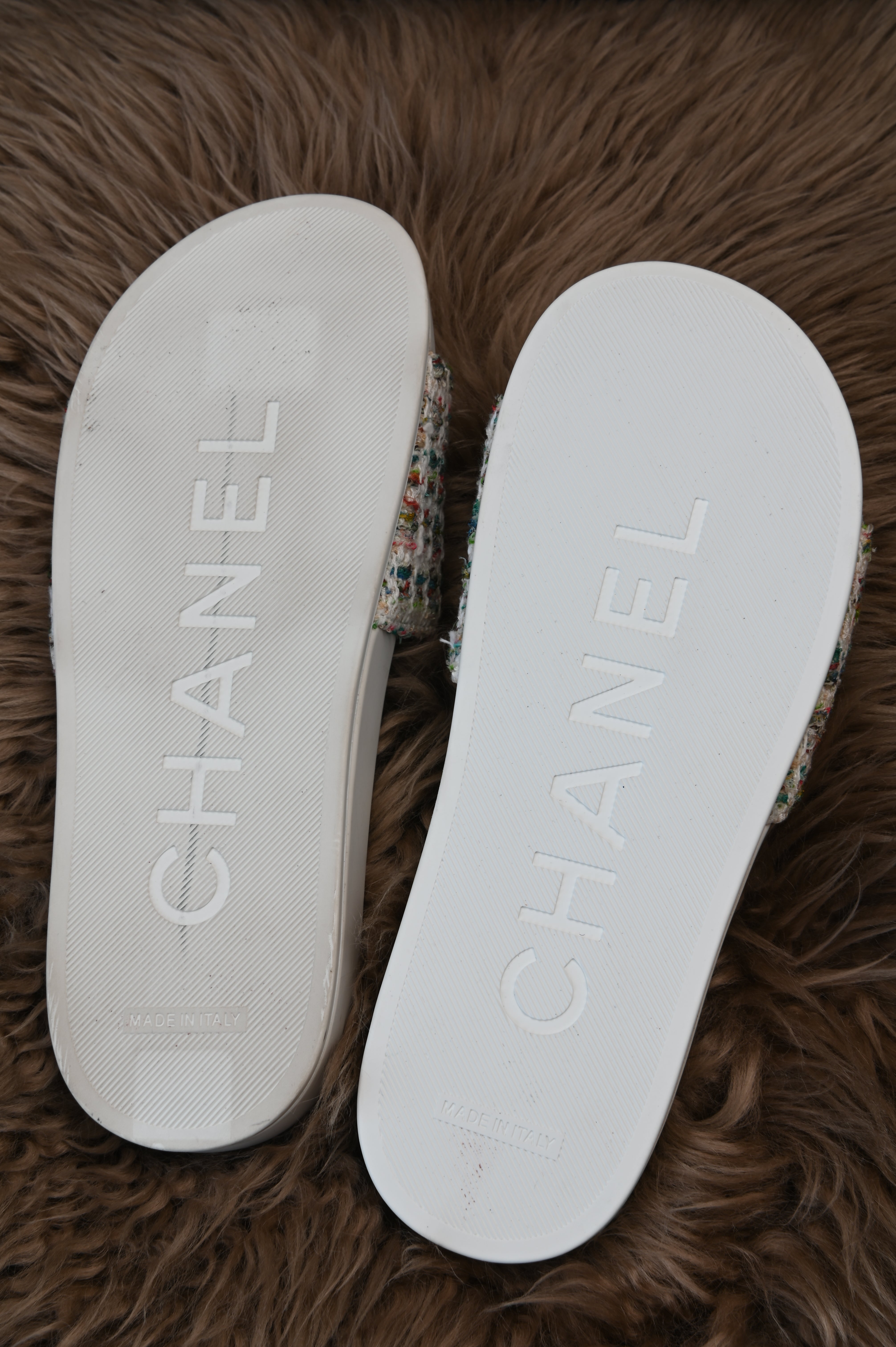 Chanel Multi-color Camellia Tweed CC Flat Slides