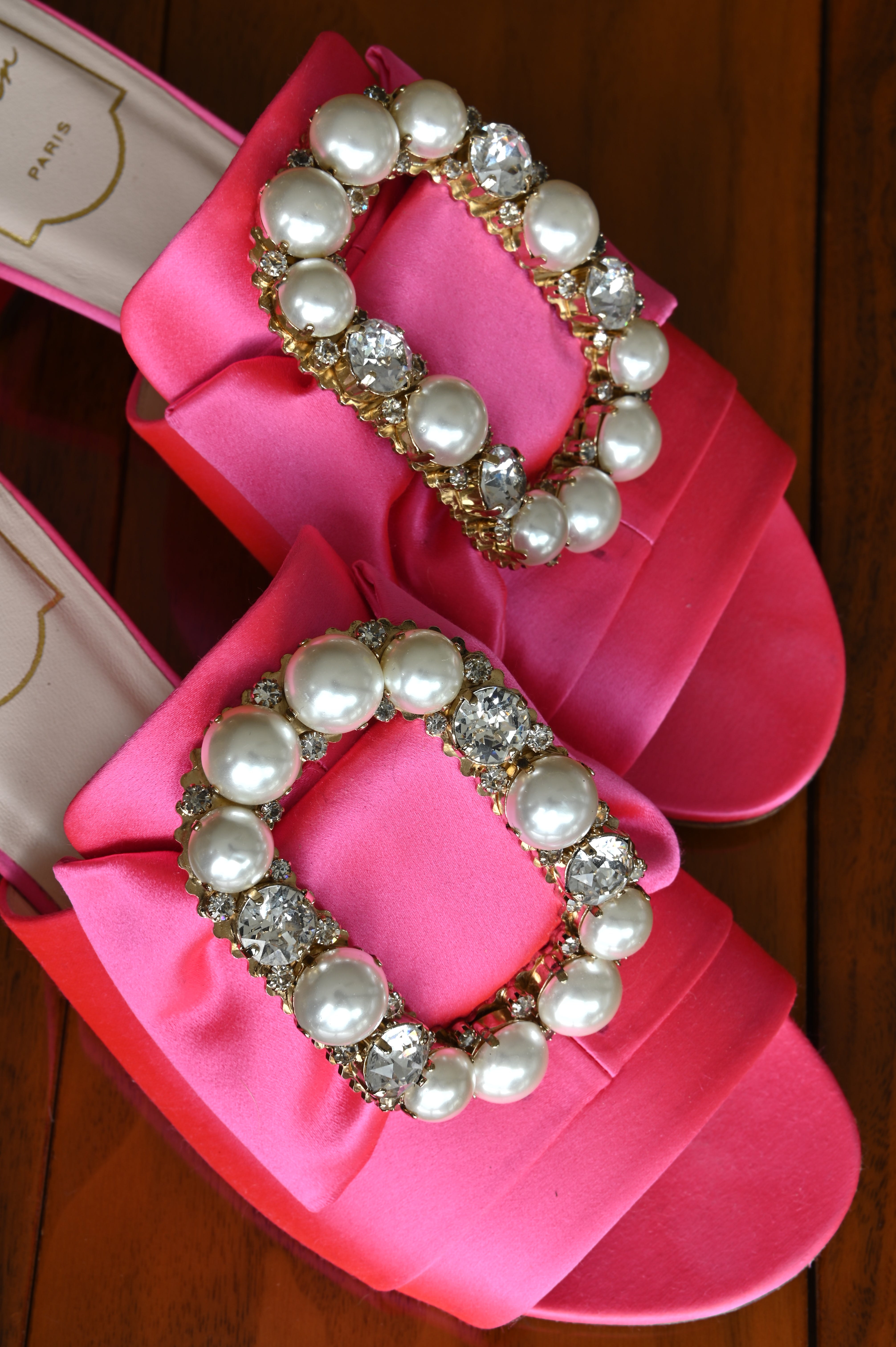 Roger Vivier Pink Crystal Satin Mules