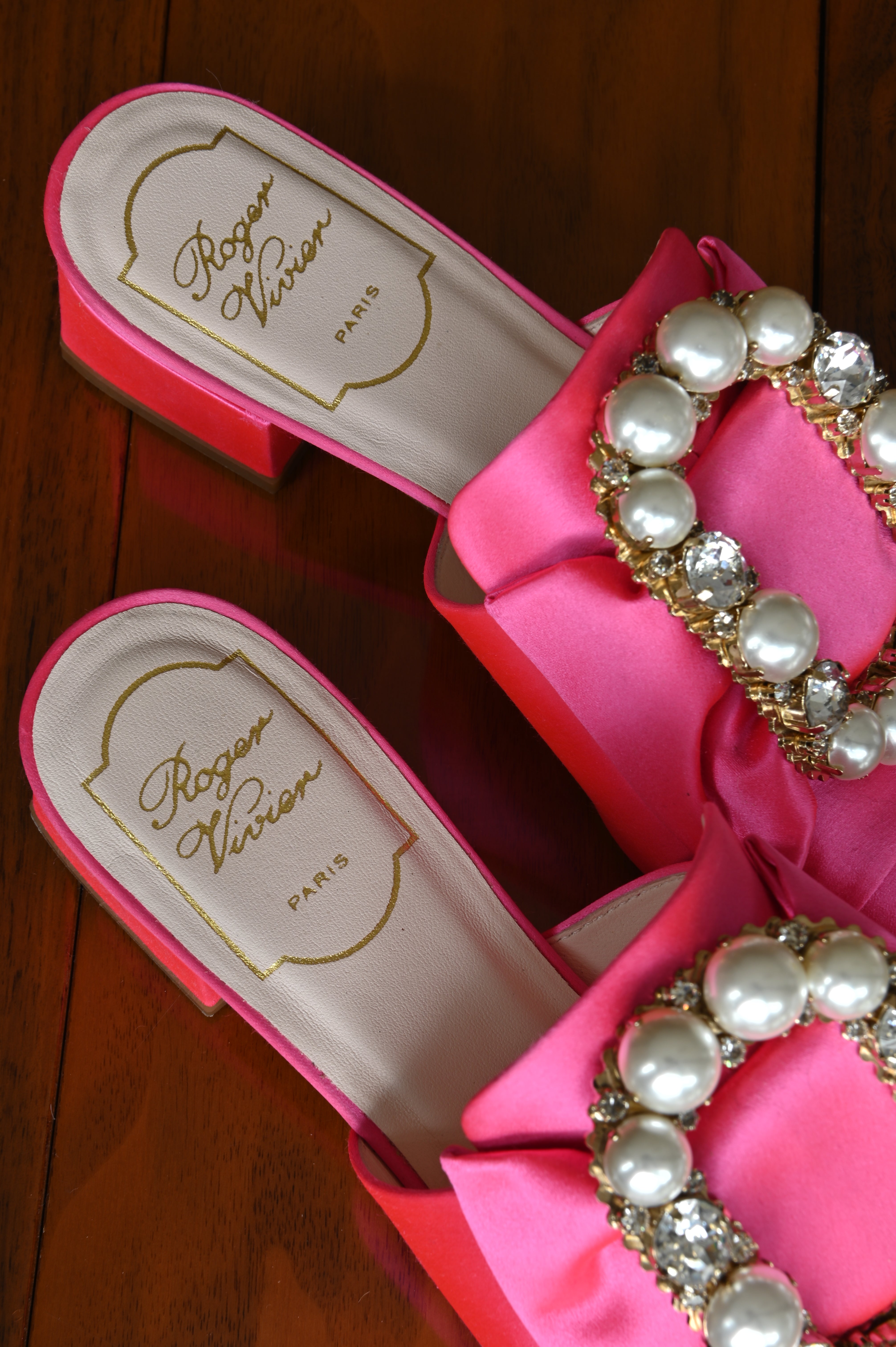 Roger Vivier Pink Crystal Satin Mules