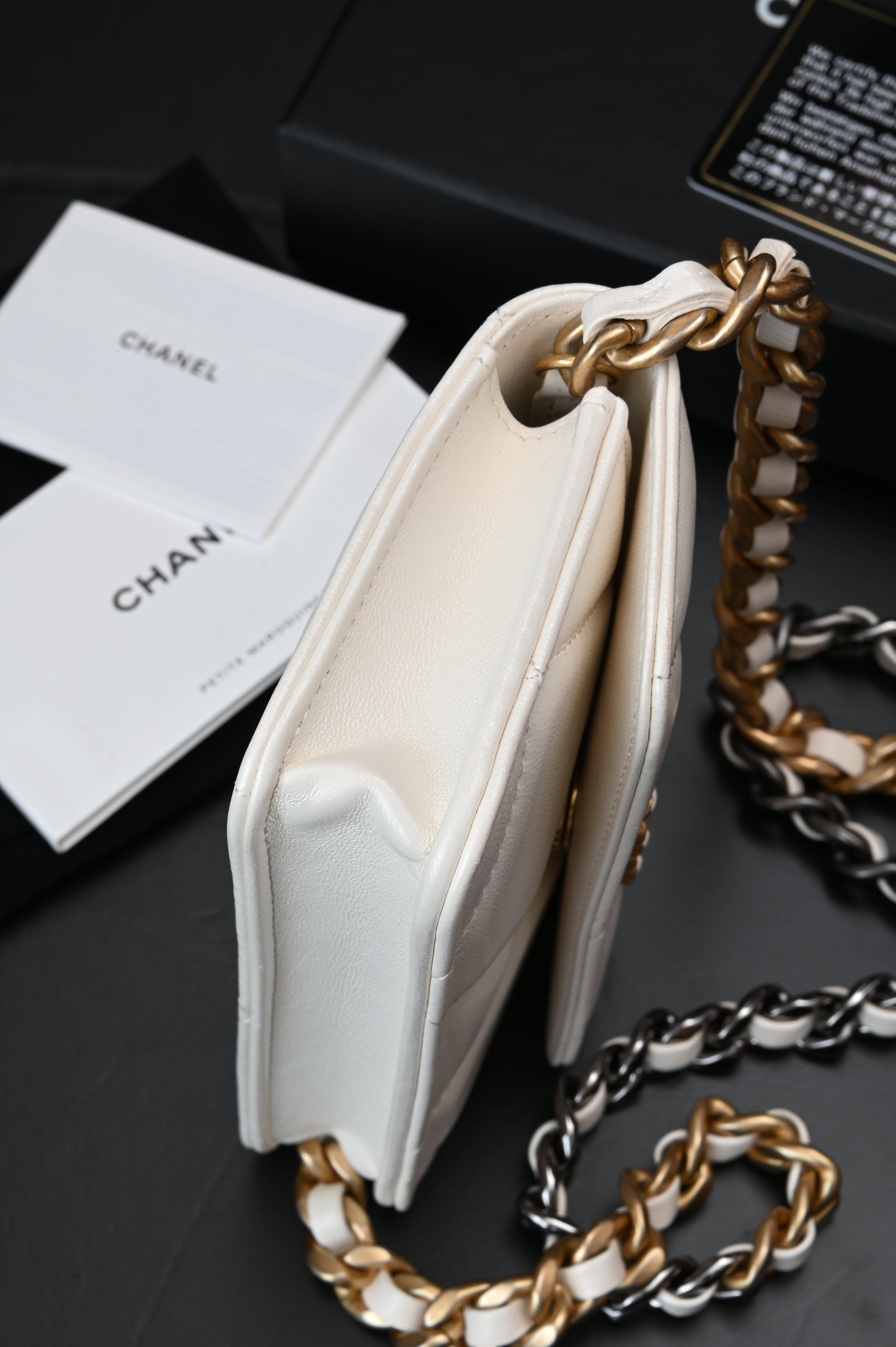 Chanel White Quilted Lambskin Chanel 19 Flap Clutch Gold and Ruthenium Hardware, 2021