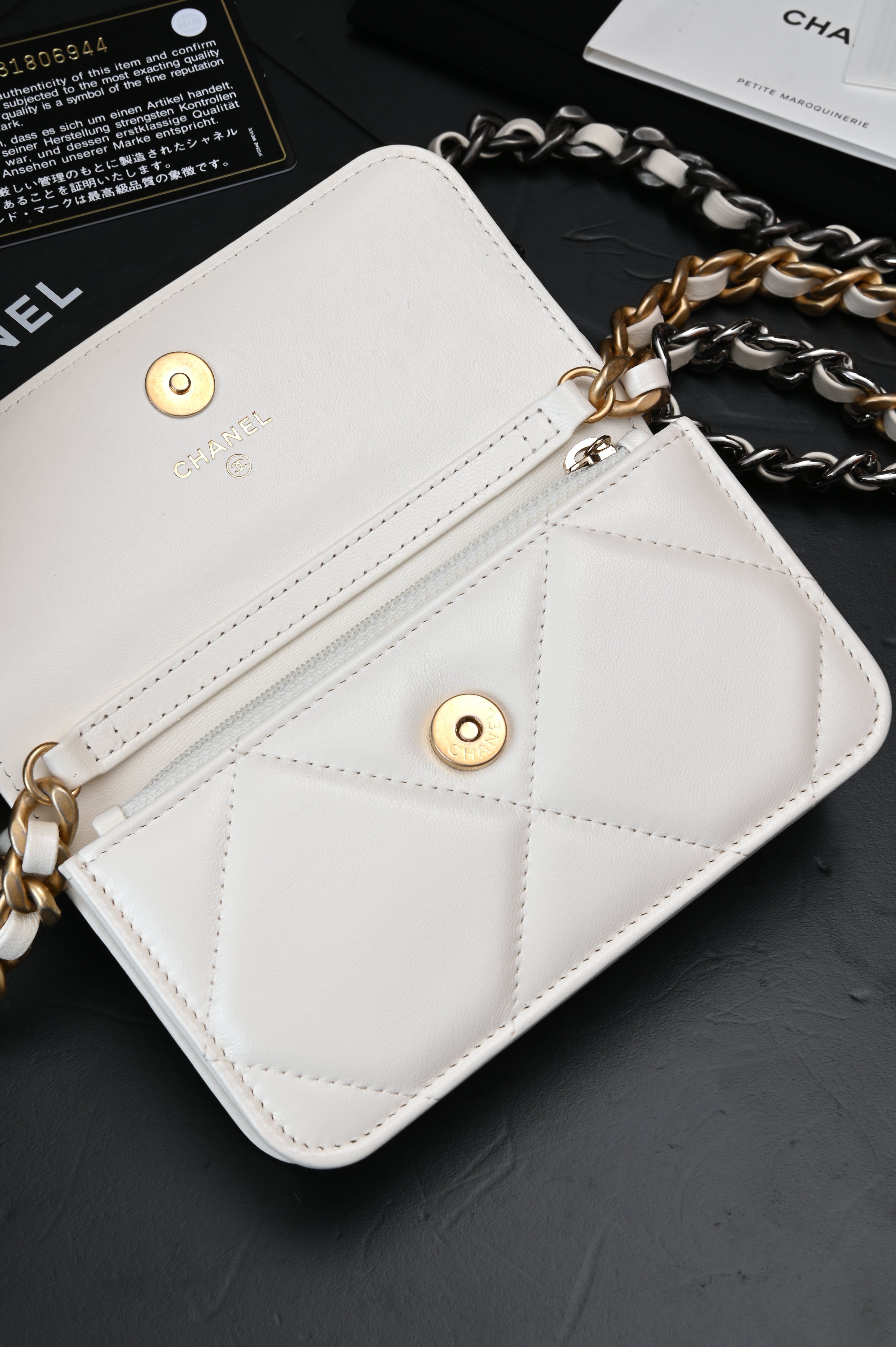 Chanel White Quilted Lambskin Chanel 19 Flap Clutch Gold and Ruthenium Hardware, 2021