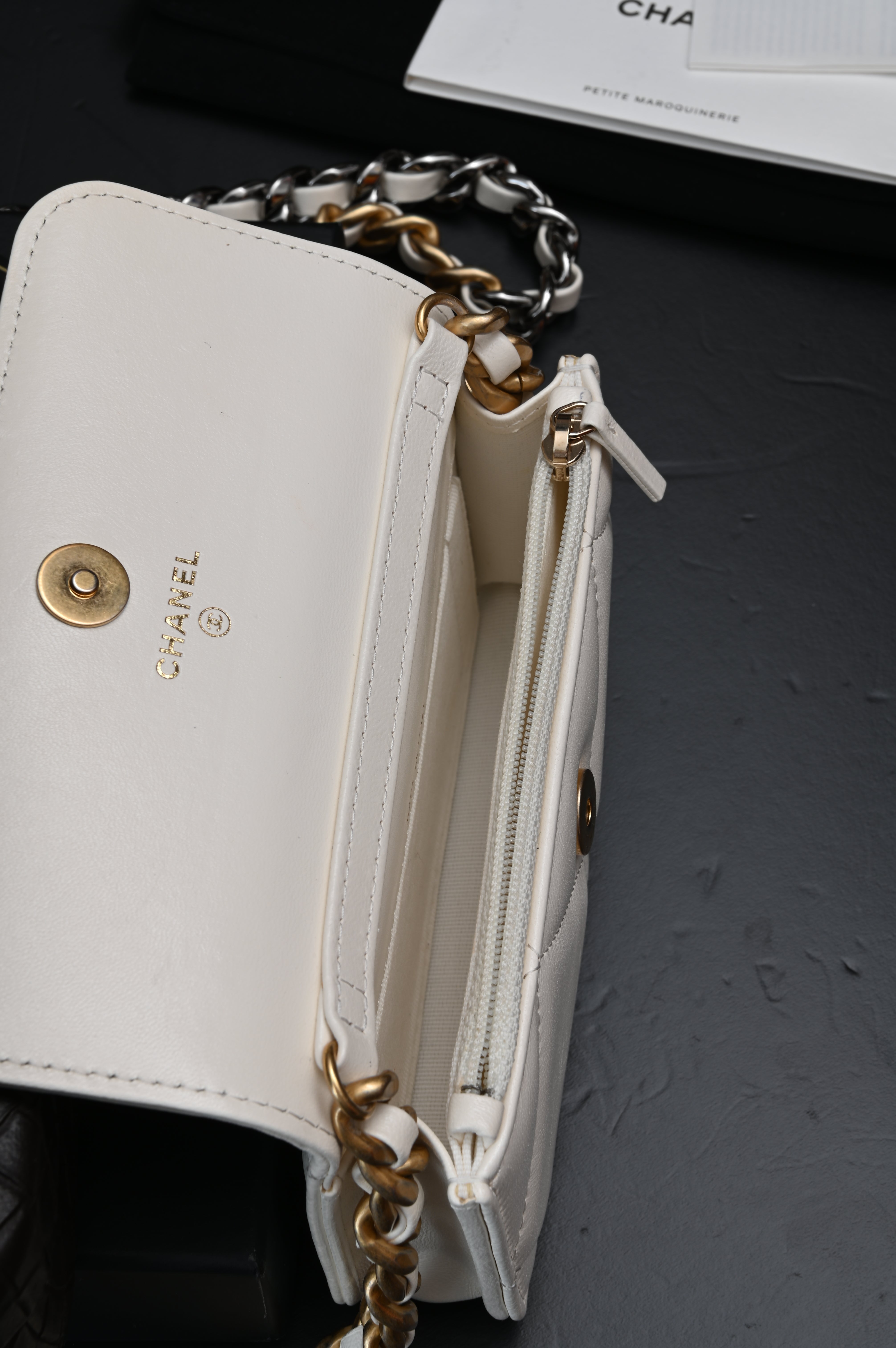 Chanel White Quilted Lambskin Chanel 19 Flap Clutch Gold and Ruthenium Hardware, 2021