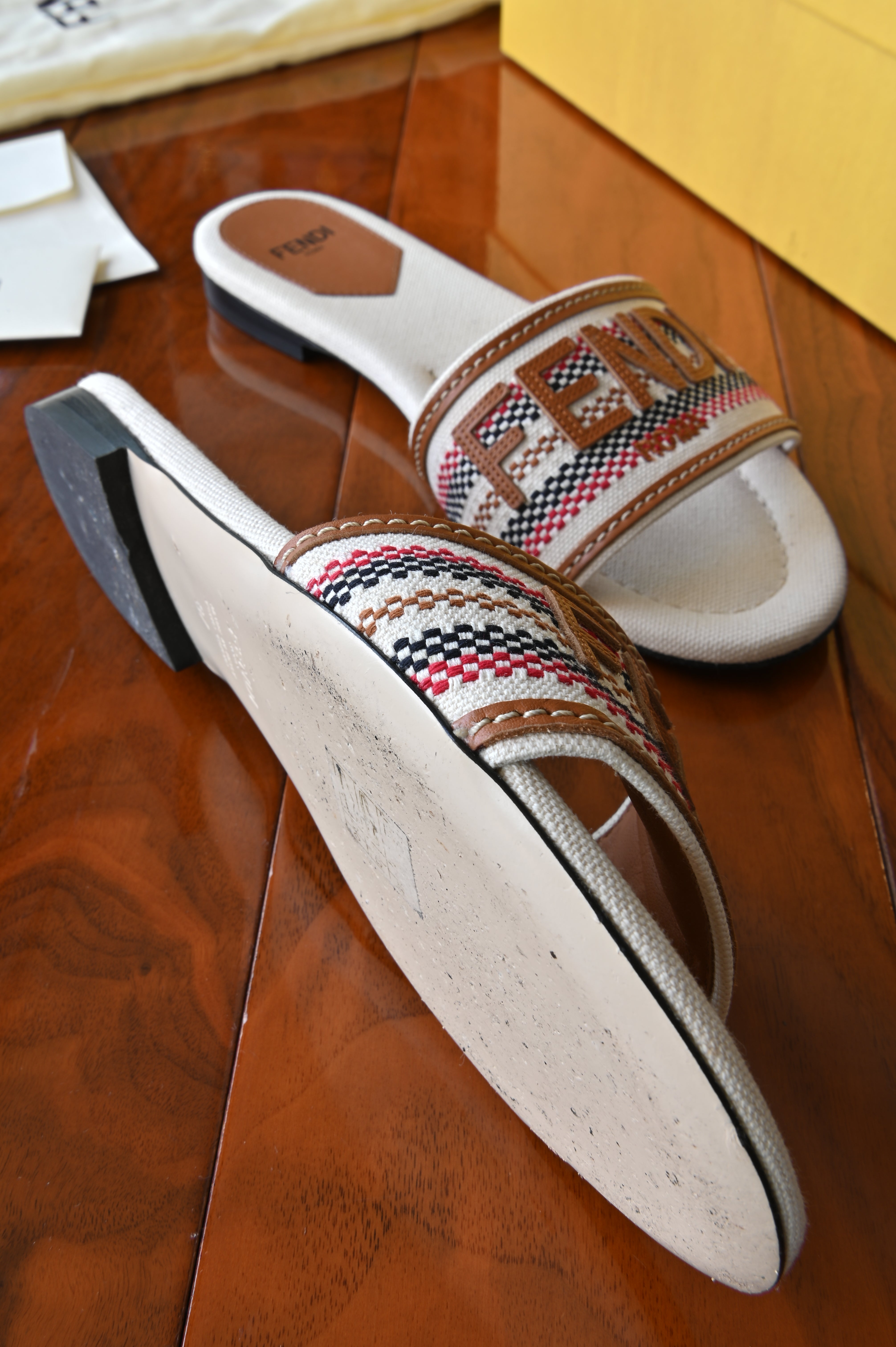Fendi White Multicolor Striped Logo Flat Sandals left