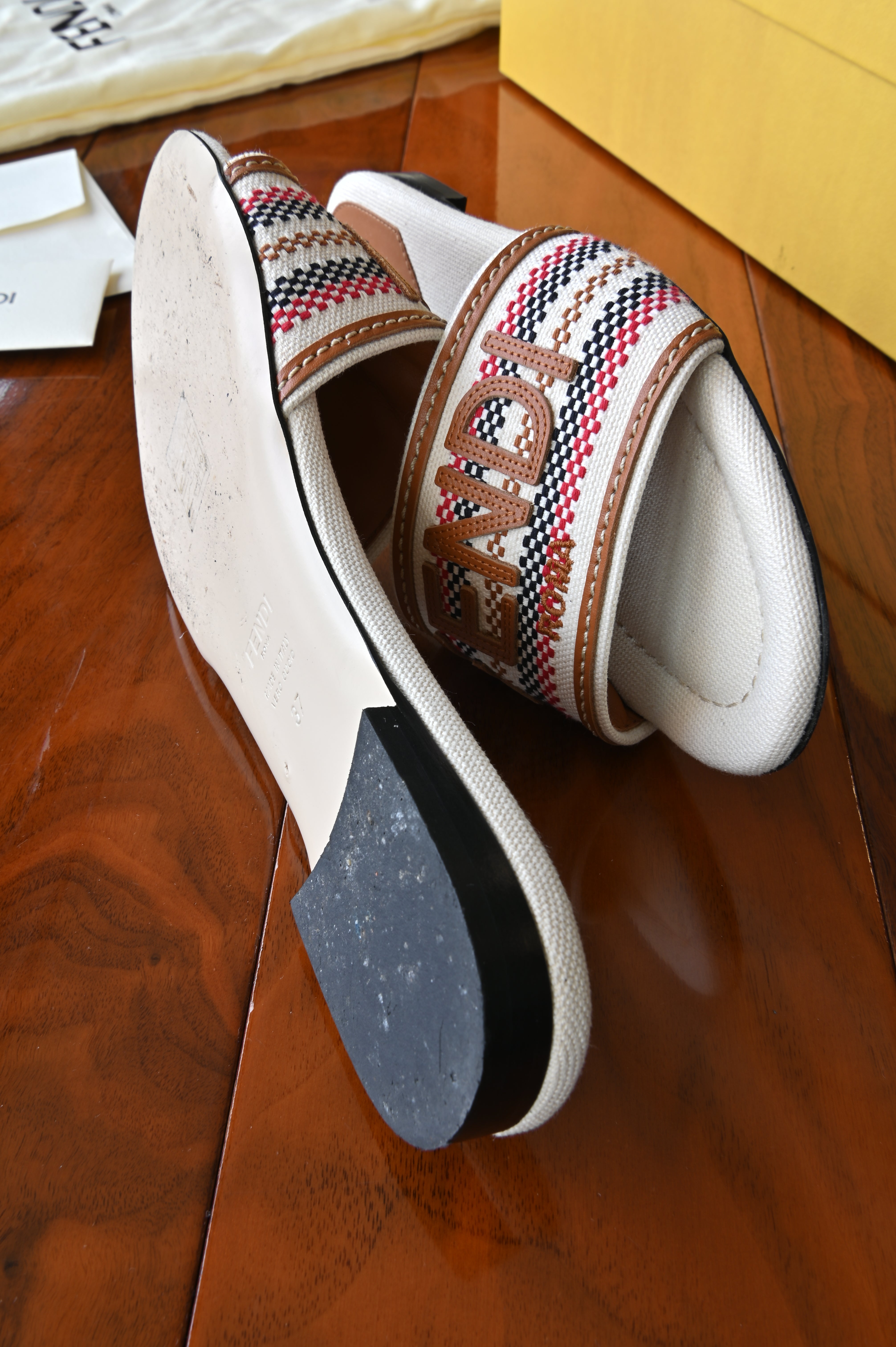 Fendi White Multicolor Striped Logo Flat Sandals side two