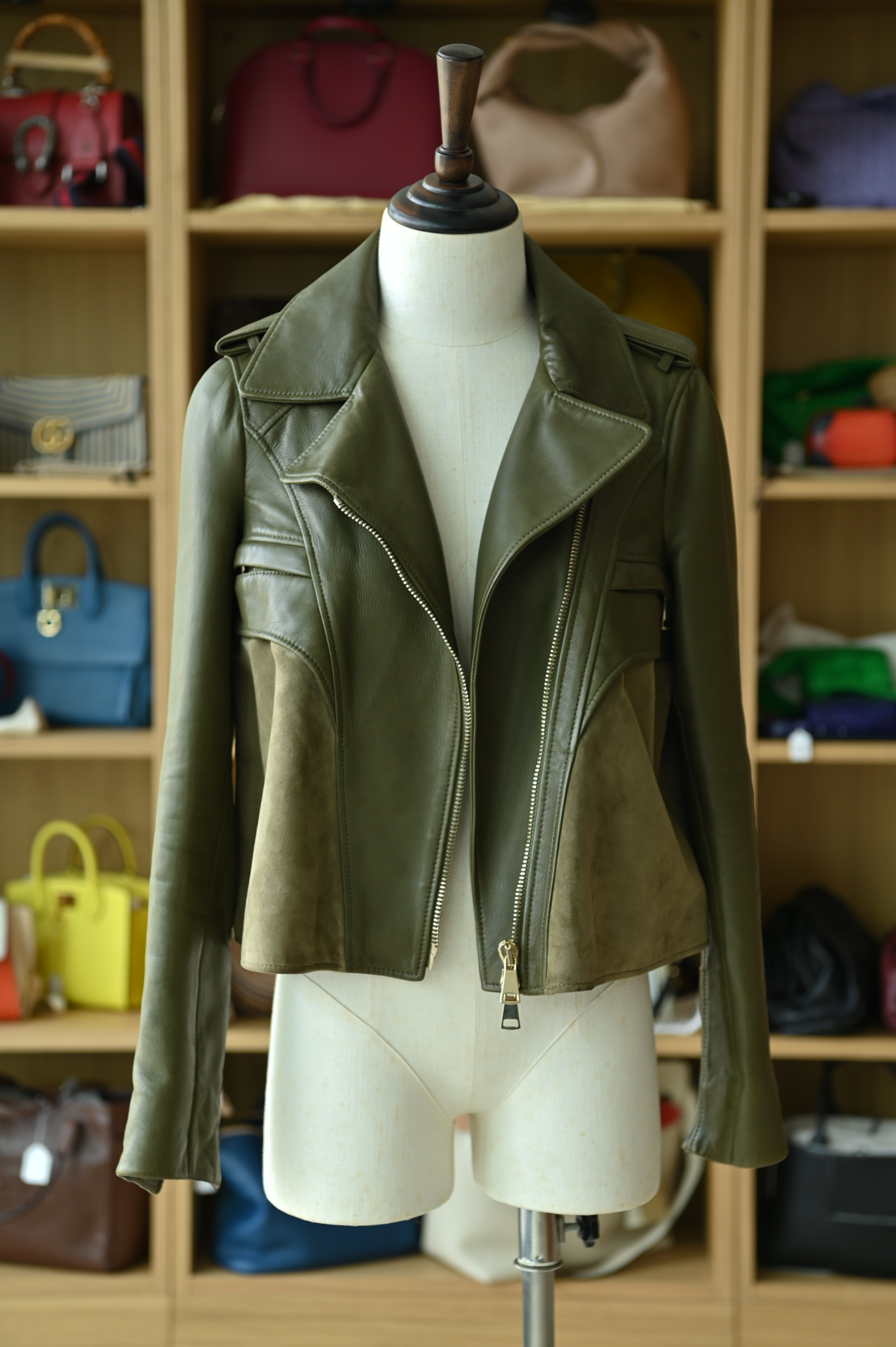 Givenchy Olive Green Leather Biker Jacket  open