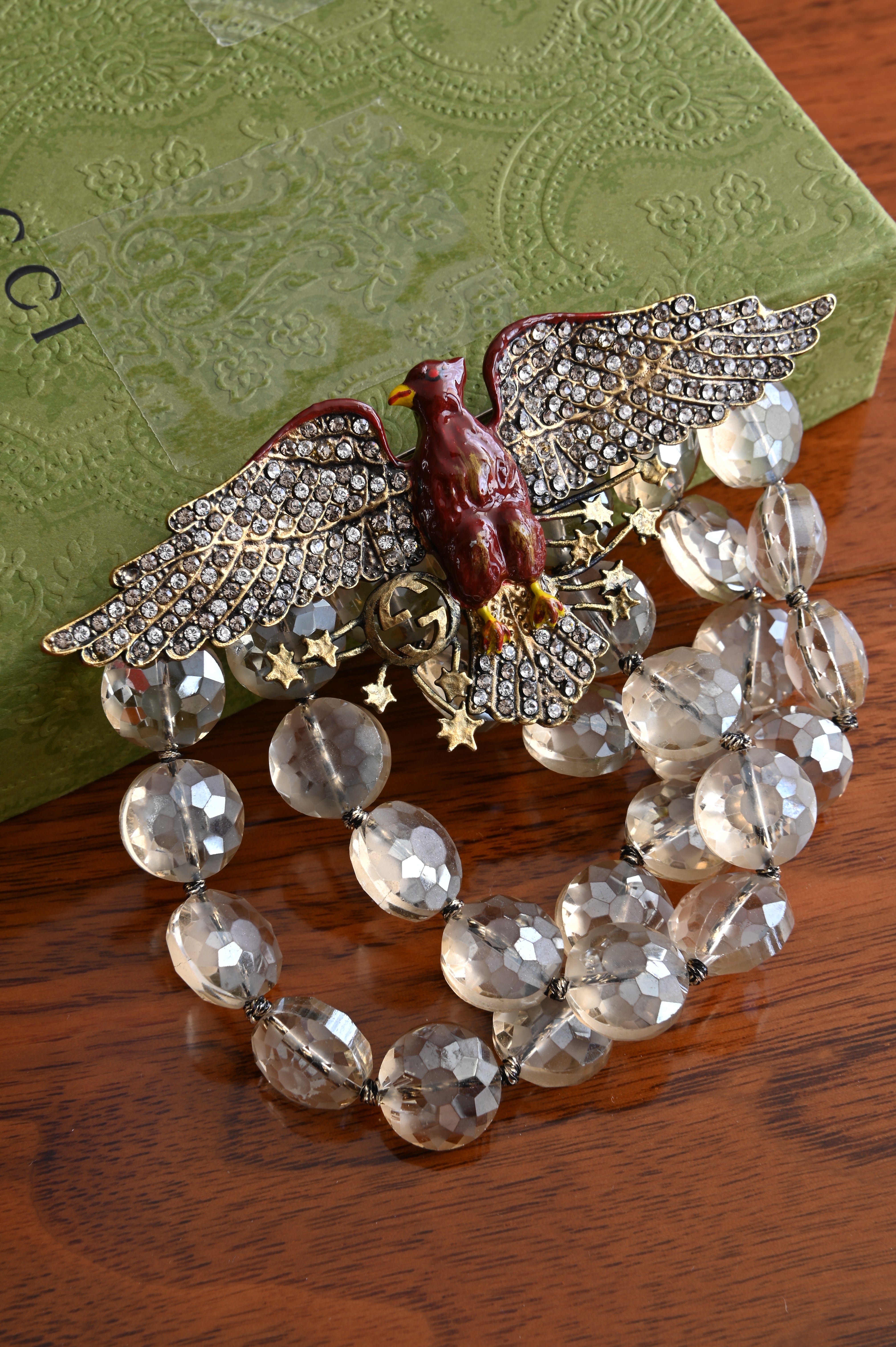 Gucci Enamel and Crystal Phoenix Brooch front two