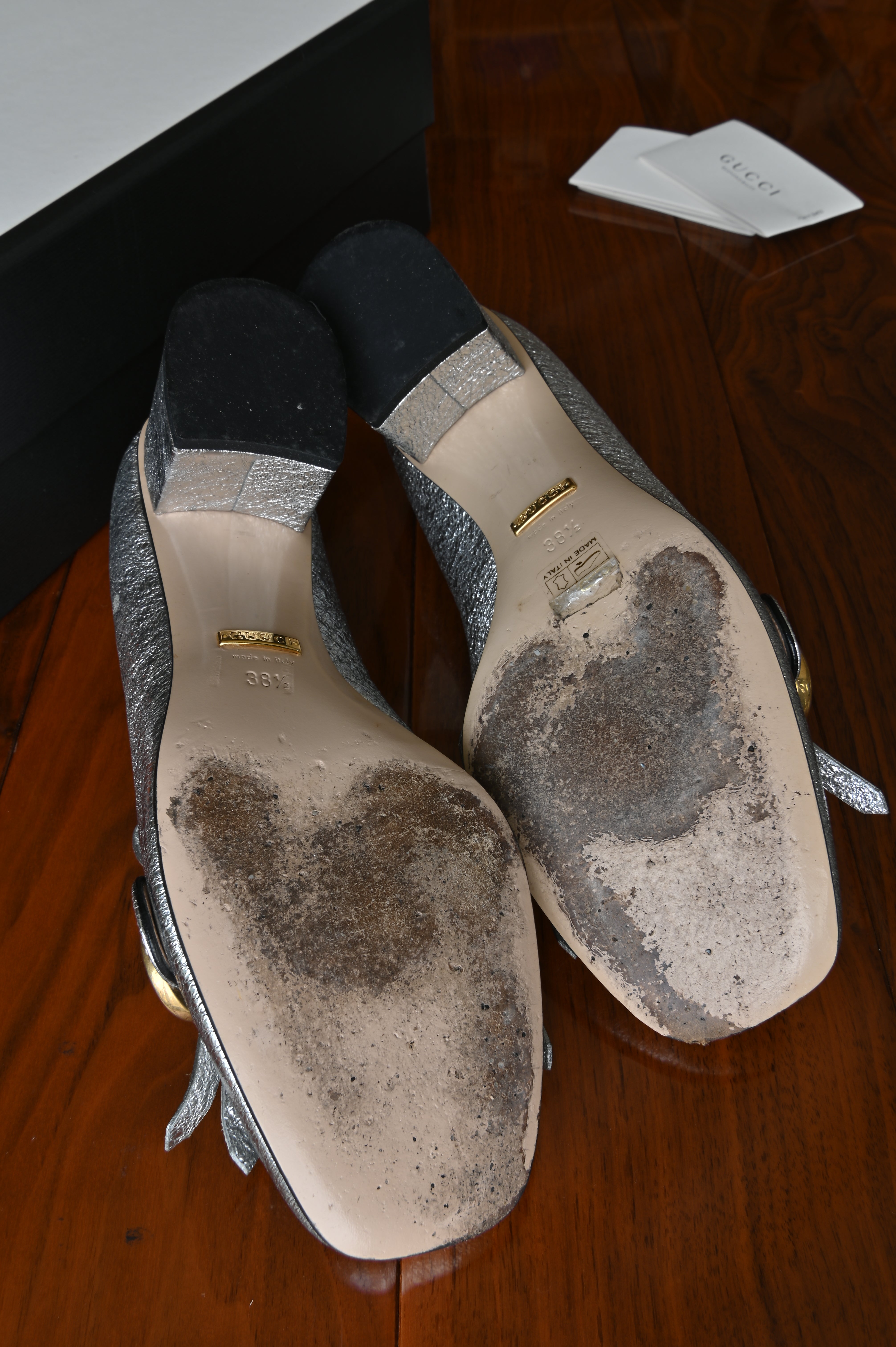 Gucci GG Silver Marmont Fringe Pumps bottom