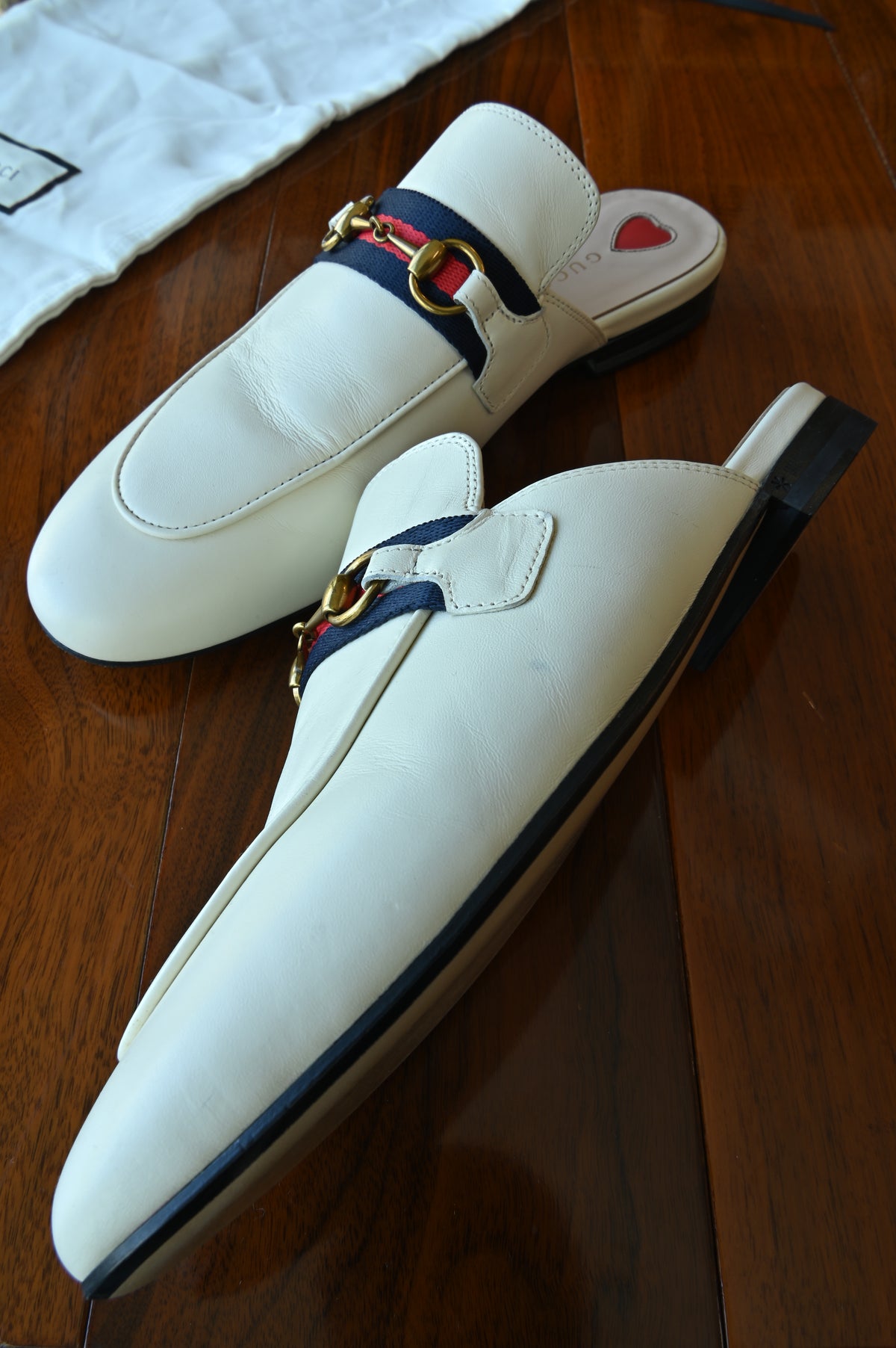 Gucci Princetown White Horsebit Mules left