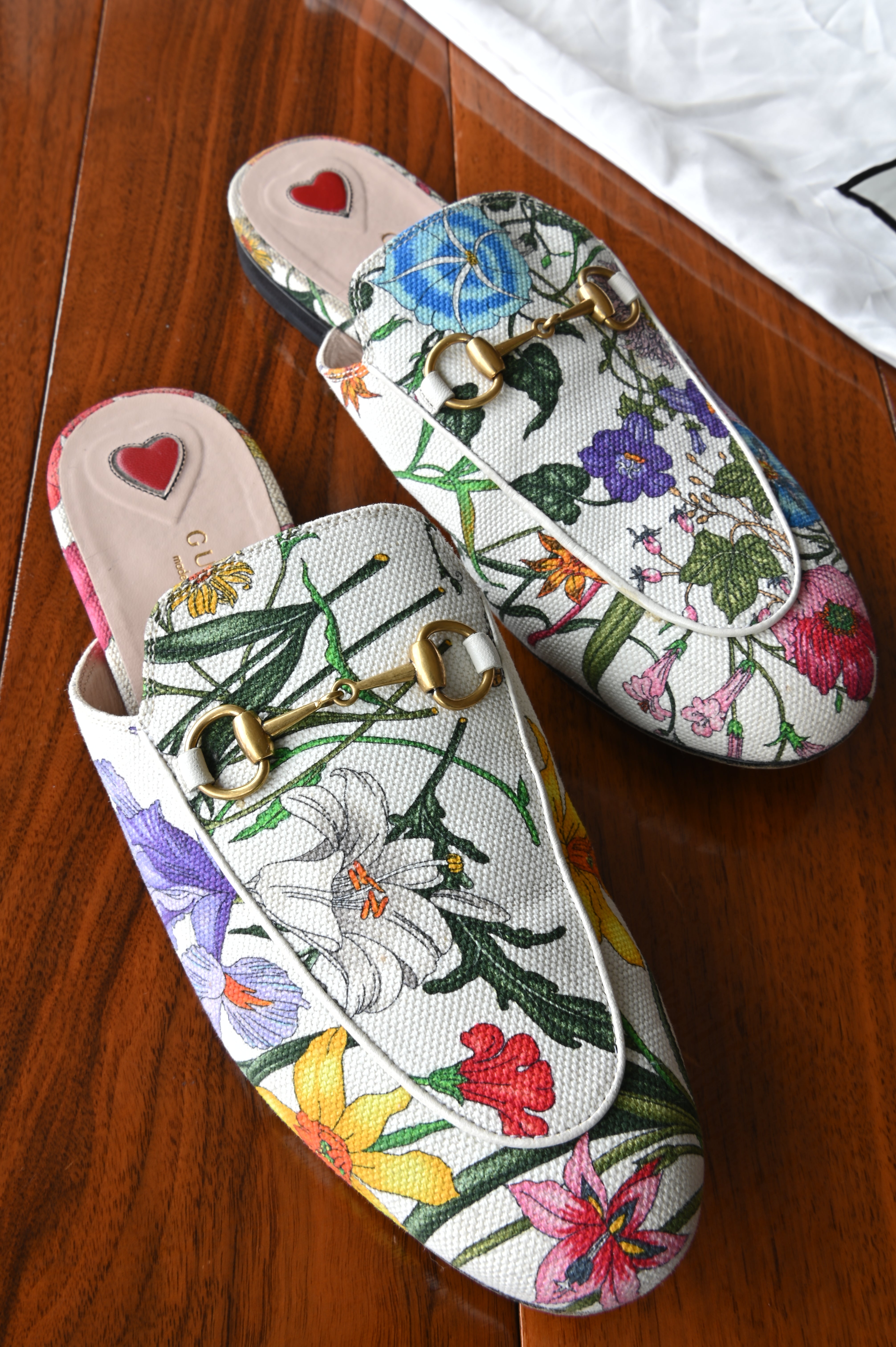 Gucci White Floral Princetown Mules