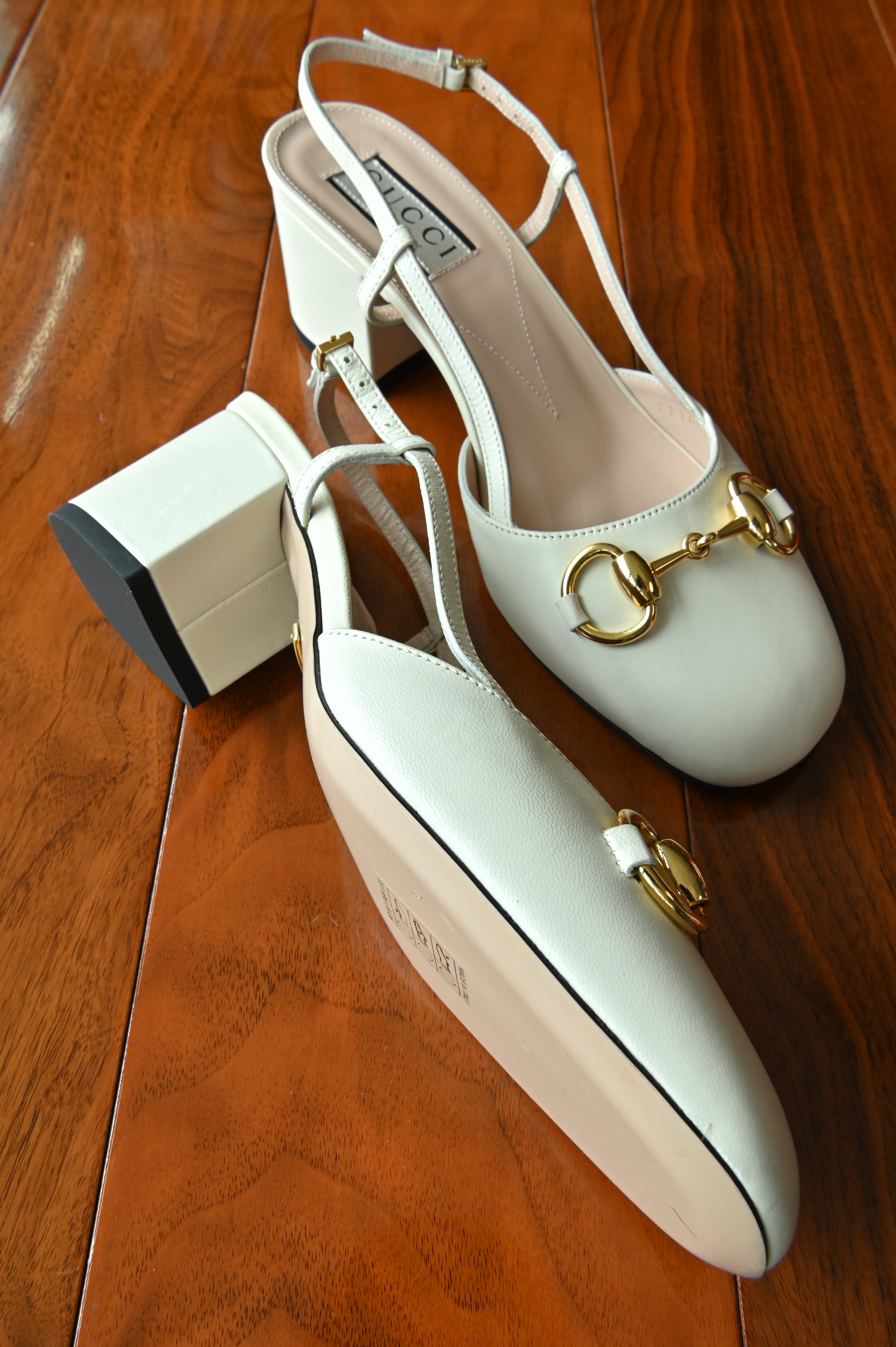 Gucci White Horsebit Lamb Leather Slingback Pumps left
