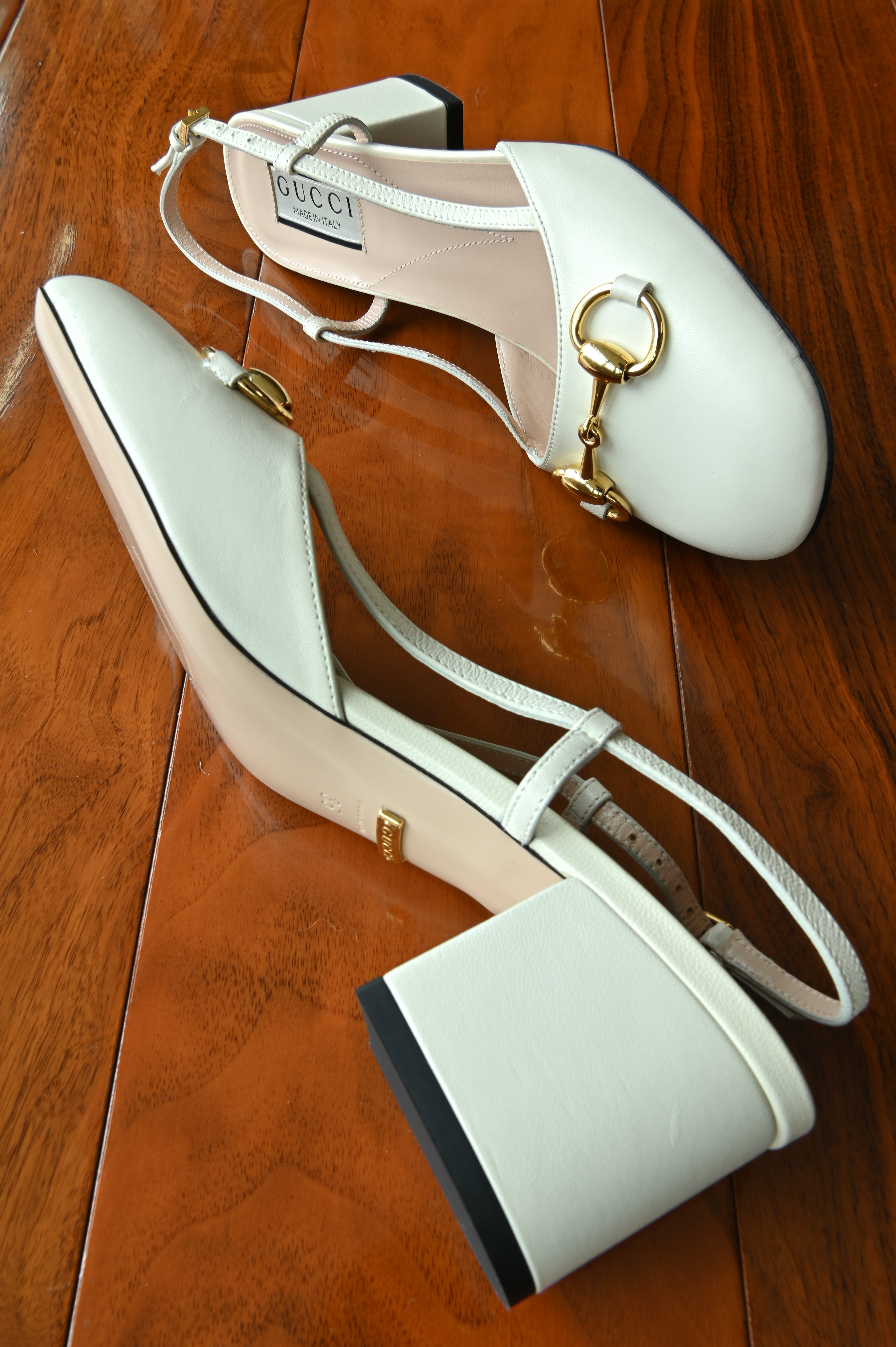Gucci White Horsebit Lamb Leather Slingback Pumps side two