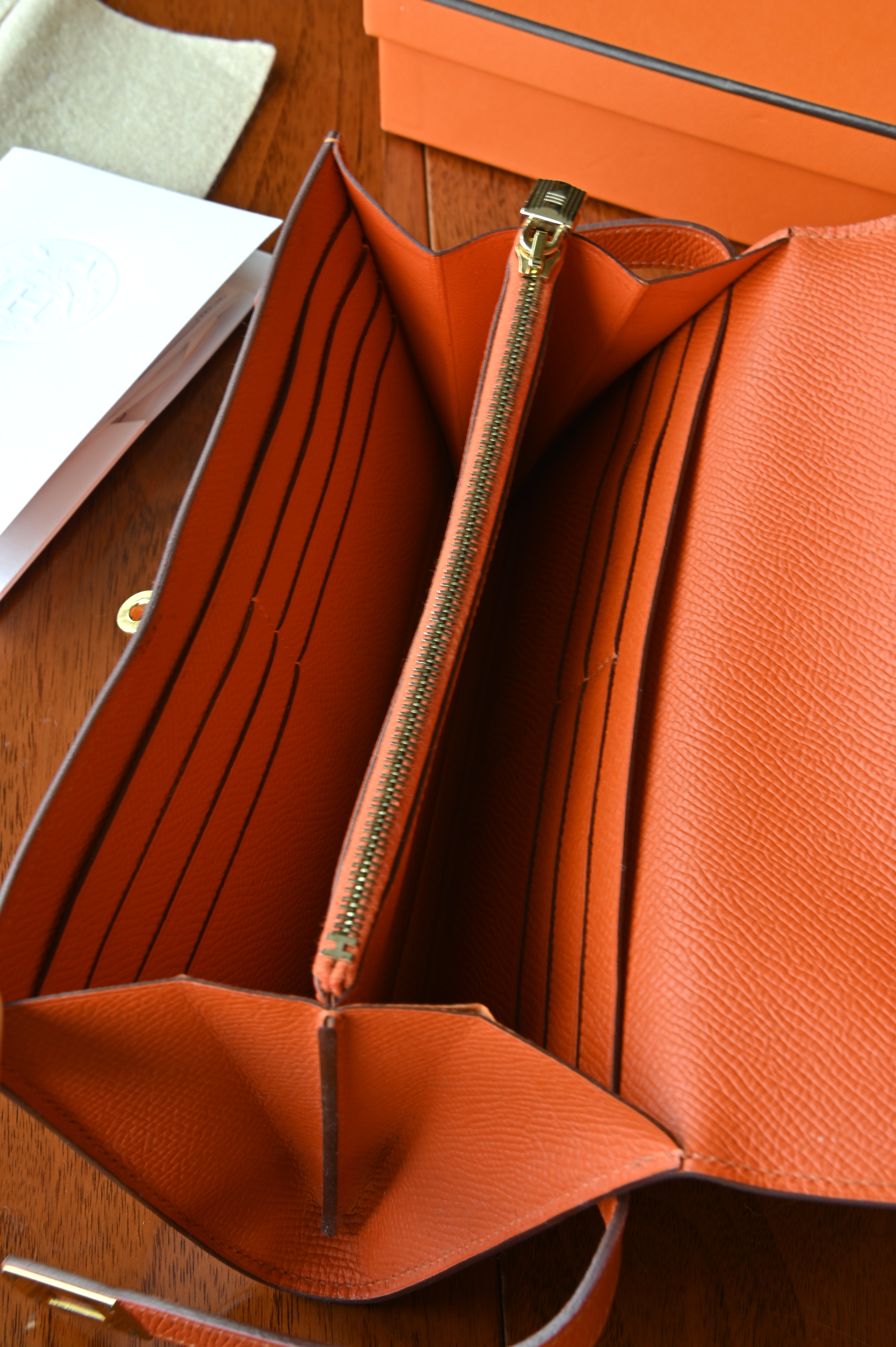Hermès Orange Epsom Leather Long Wallet inside