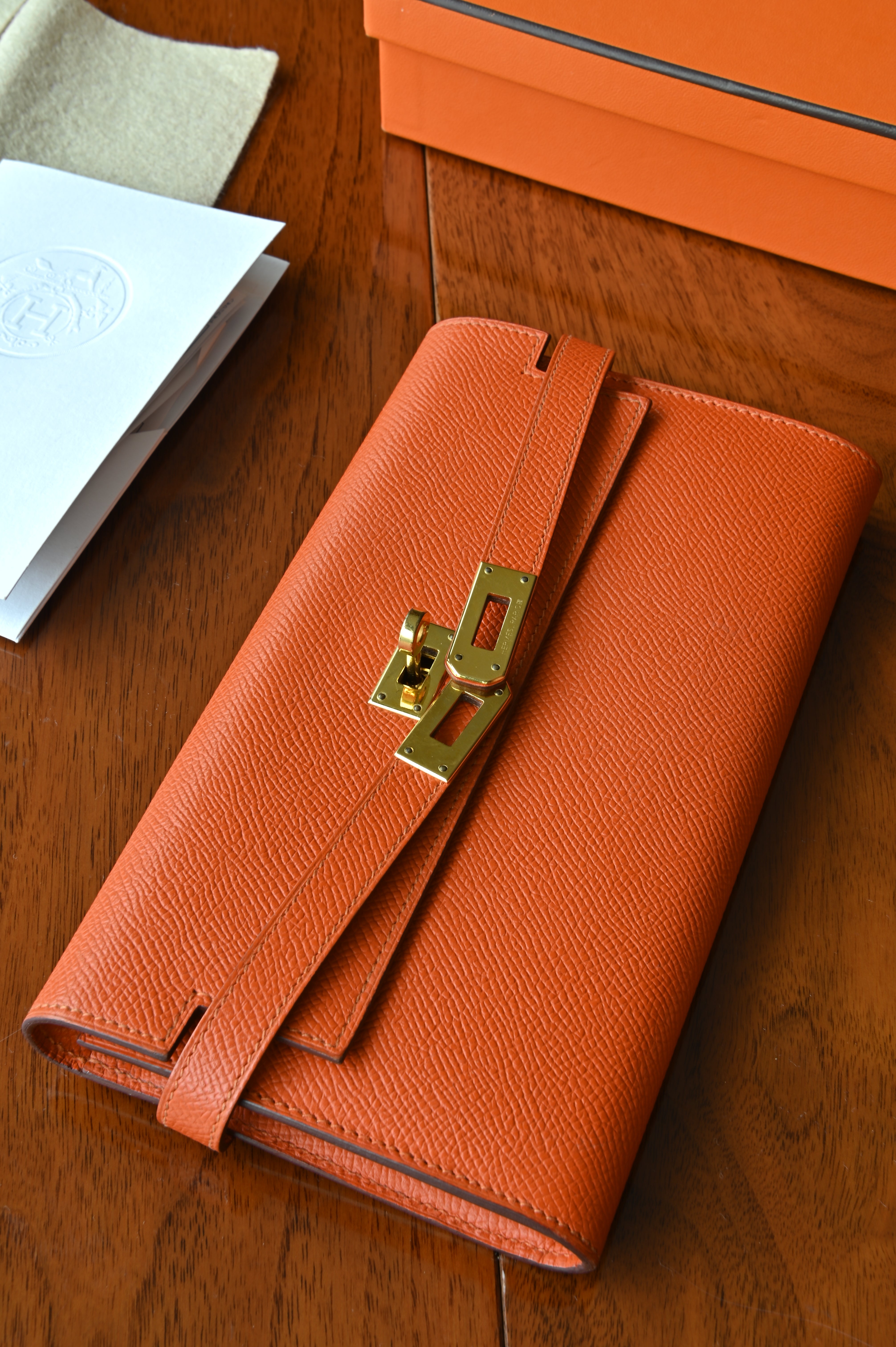 Hermès Orange Epsom Leather Long Wallet lock