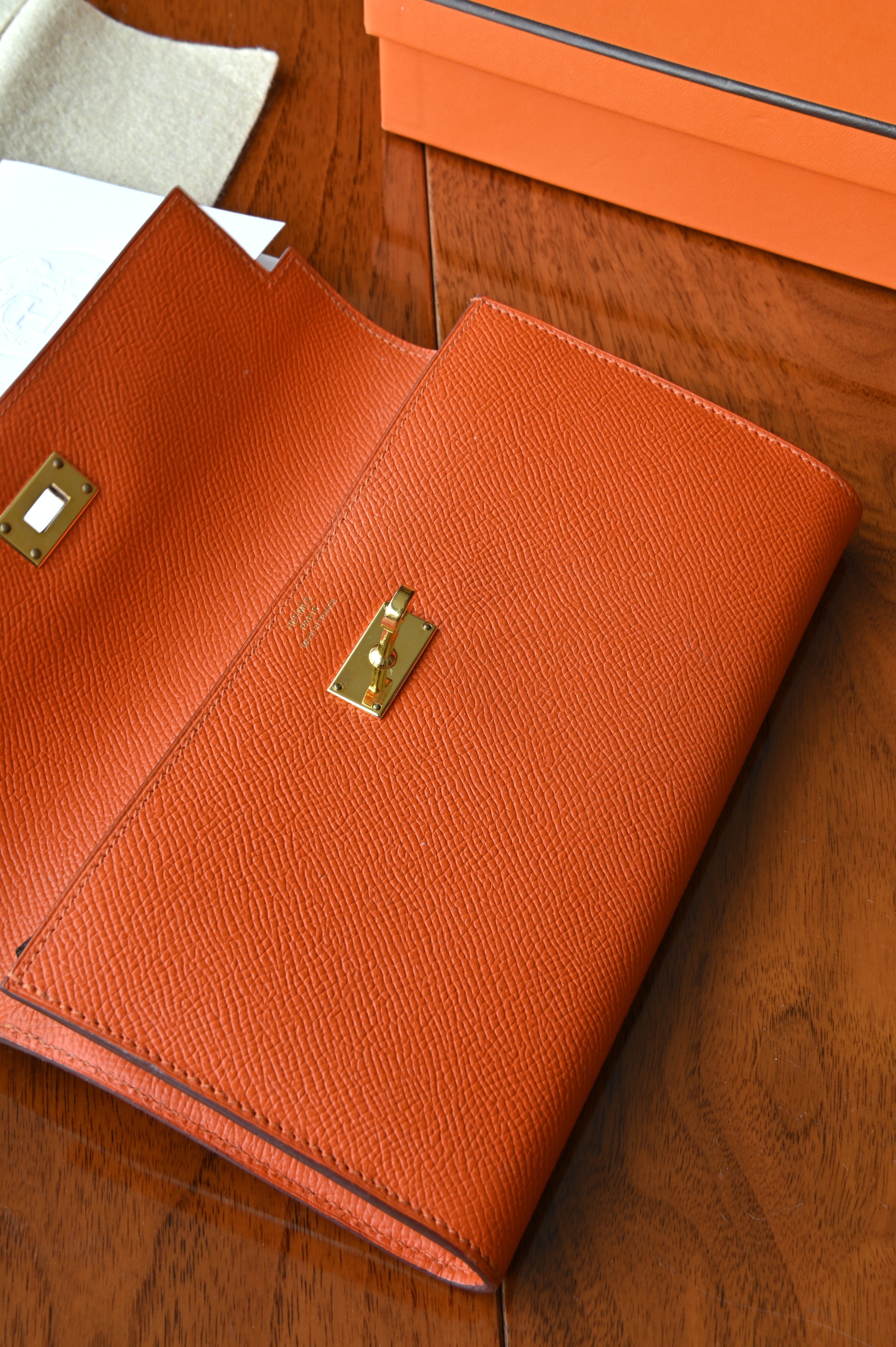 Hermès Orange Epsom Leather Long Wallet open