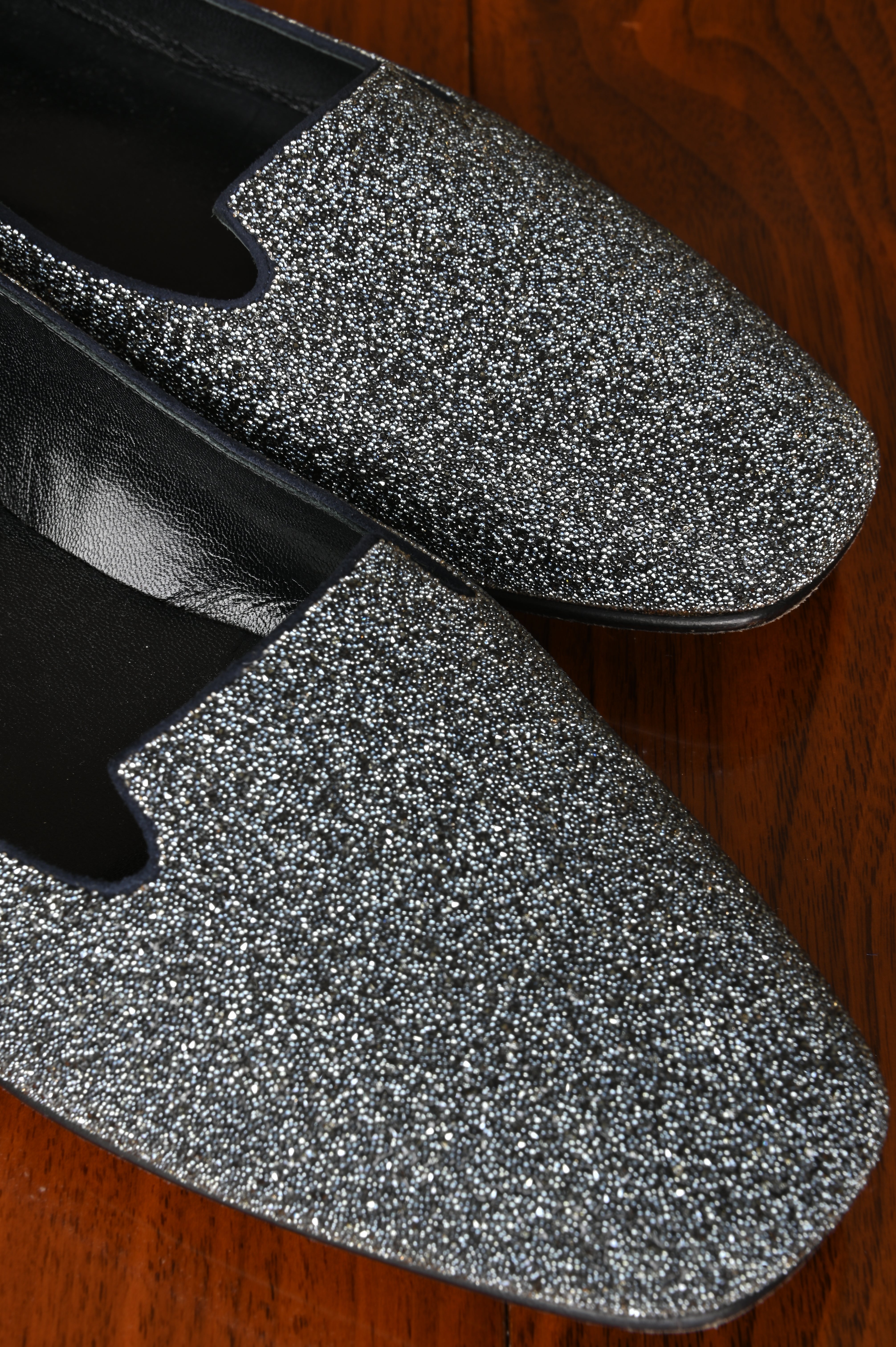 Hermès Silver Glitter Slip-on Holly Loafers front