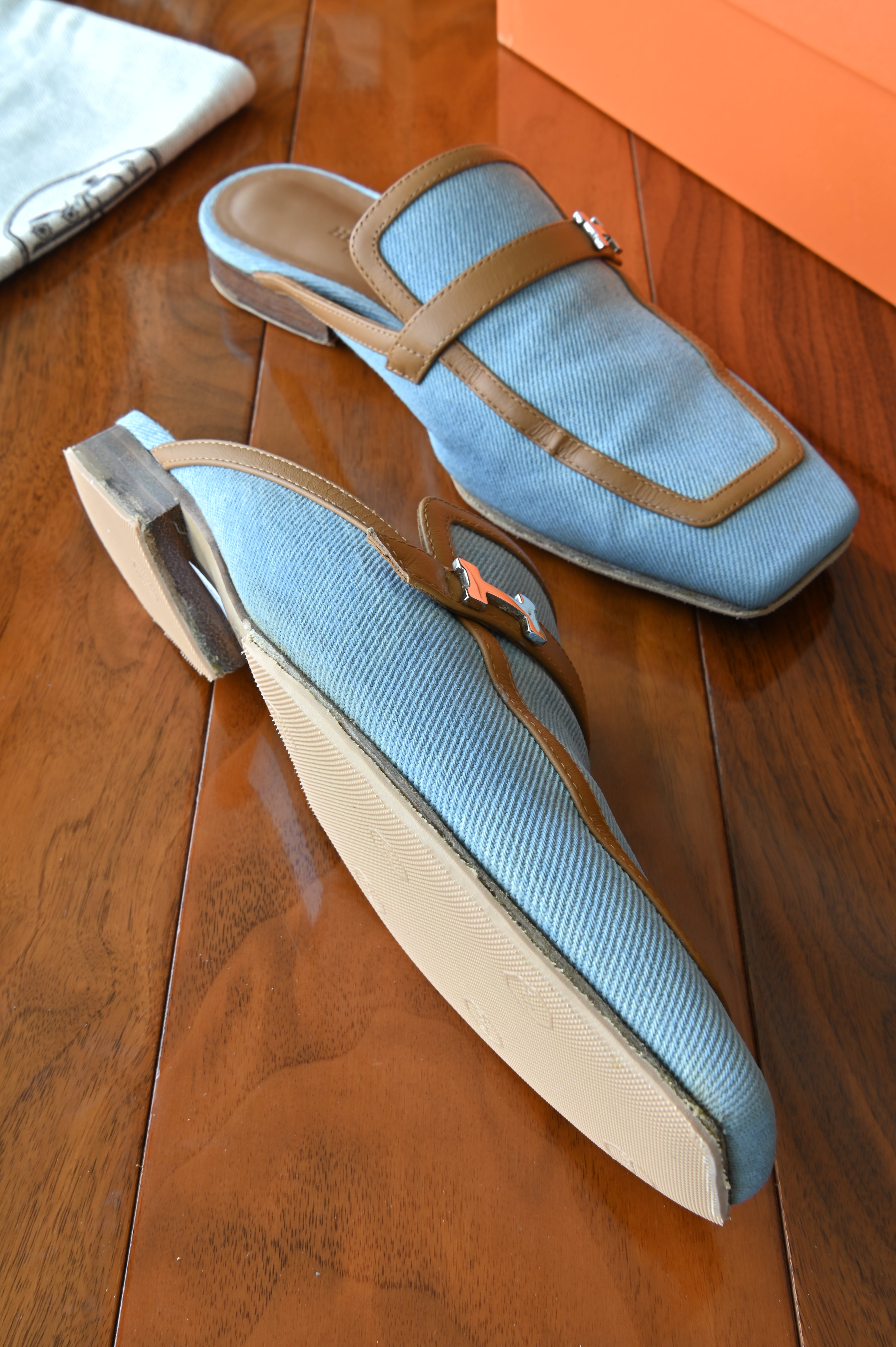 Hermes Denim Groupie Mules left