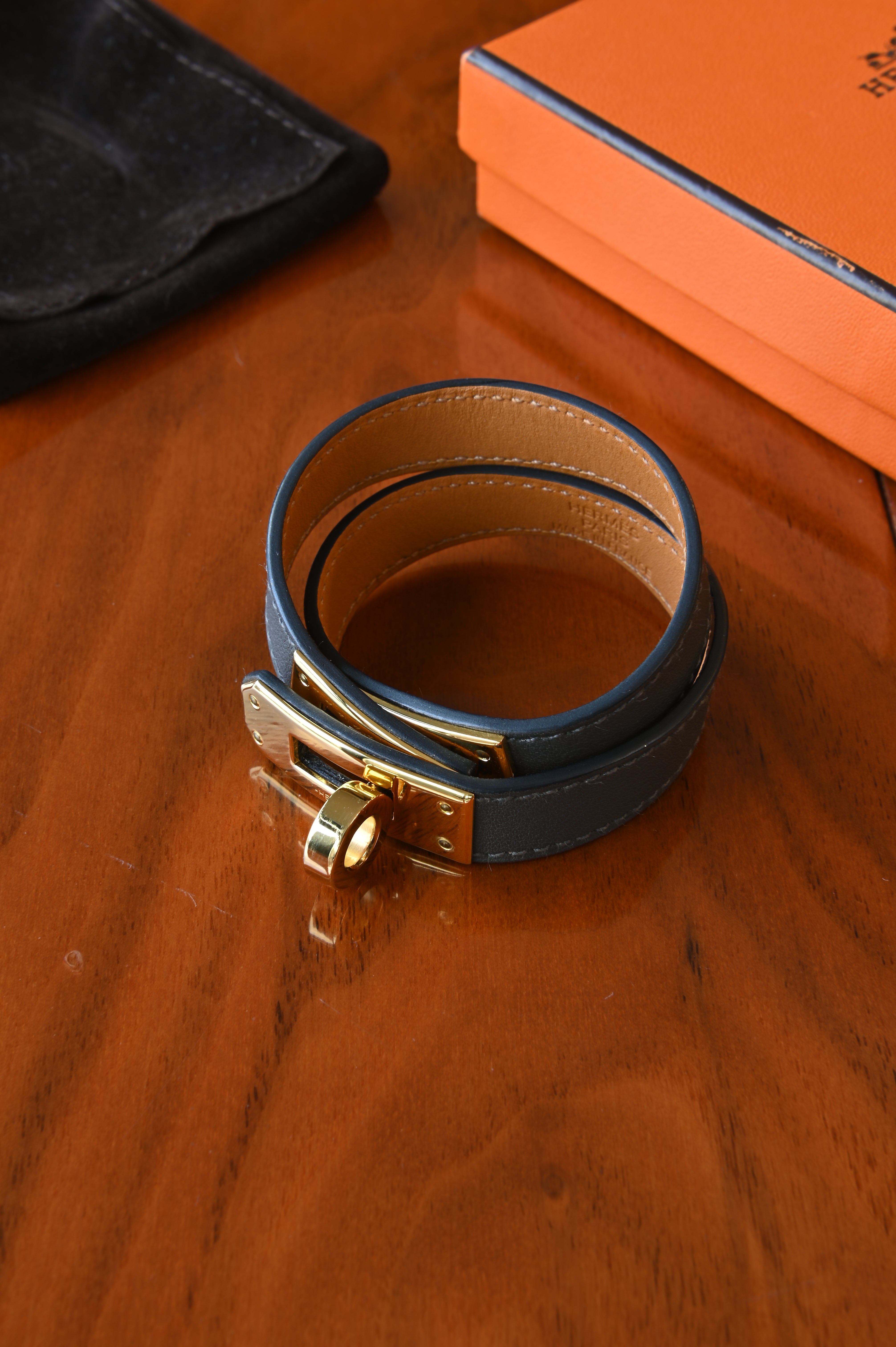 Hermes Grey Mini Kelly Double Tour Bracelet in Gold Hardware