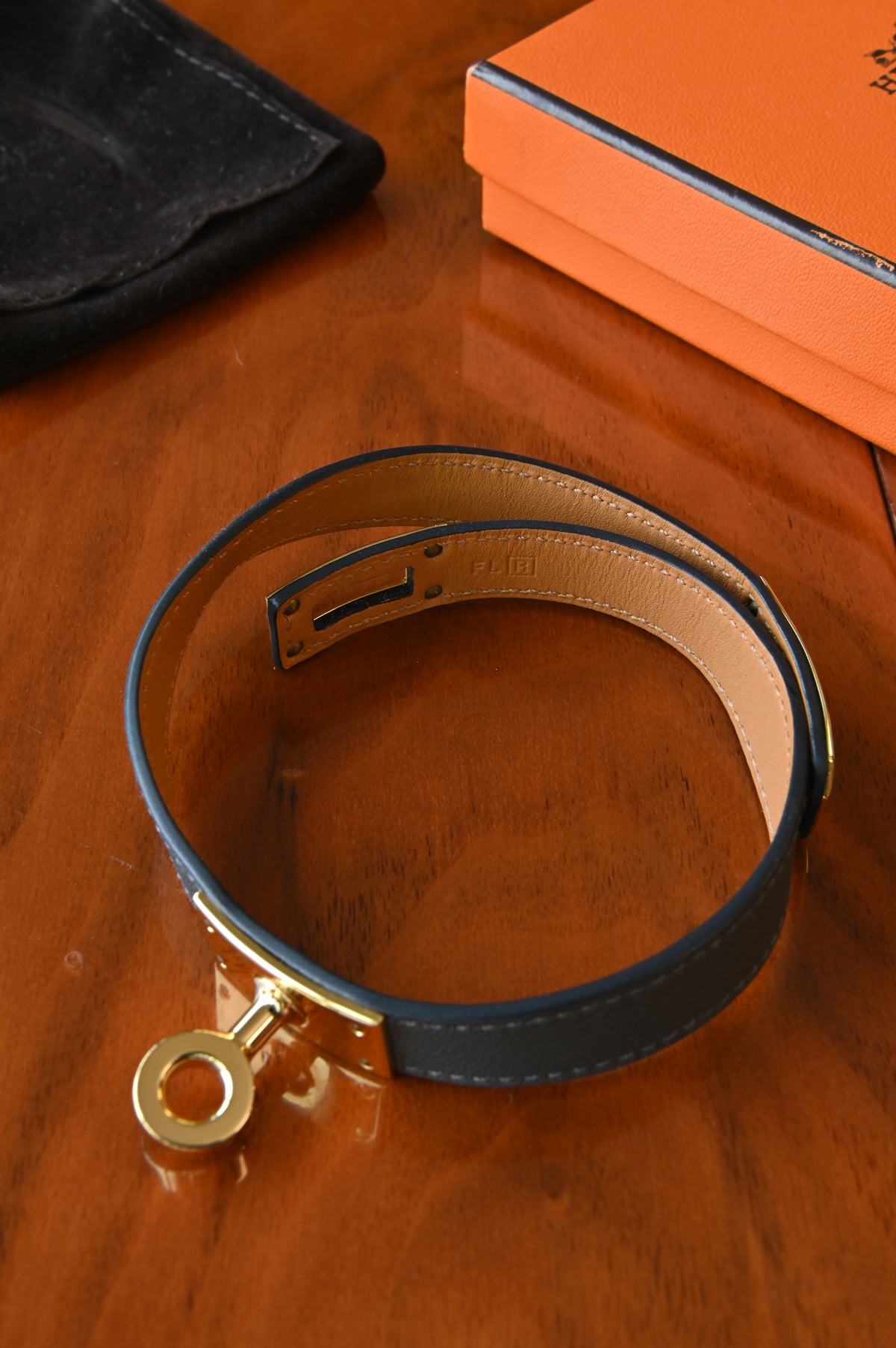 Hermes Grey Mini Kelly Double Tour Bracelet in Gold Hardware engrave two