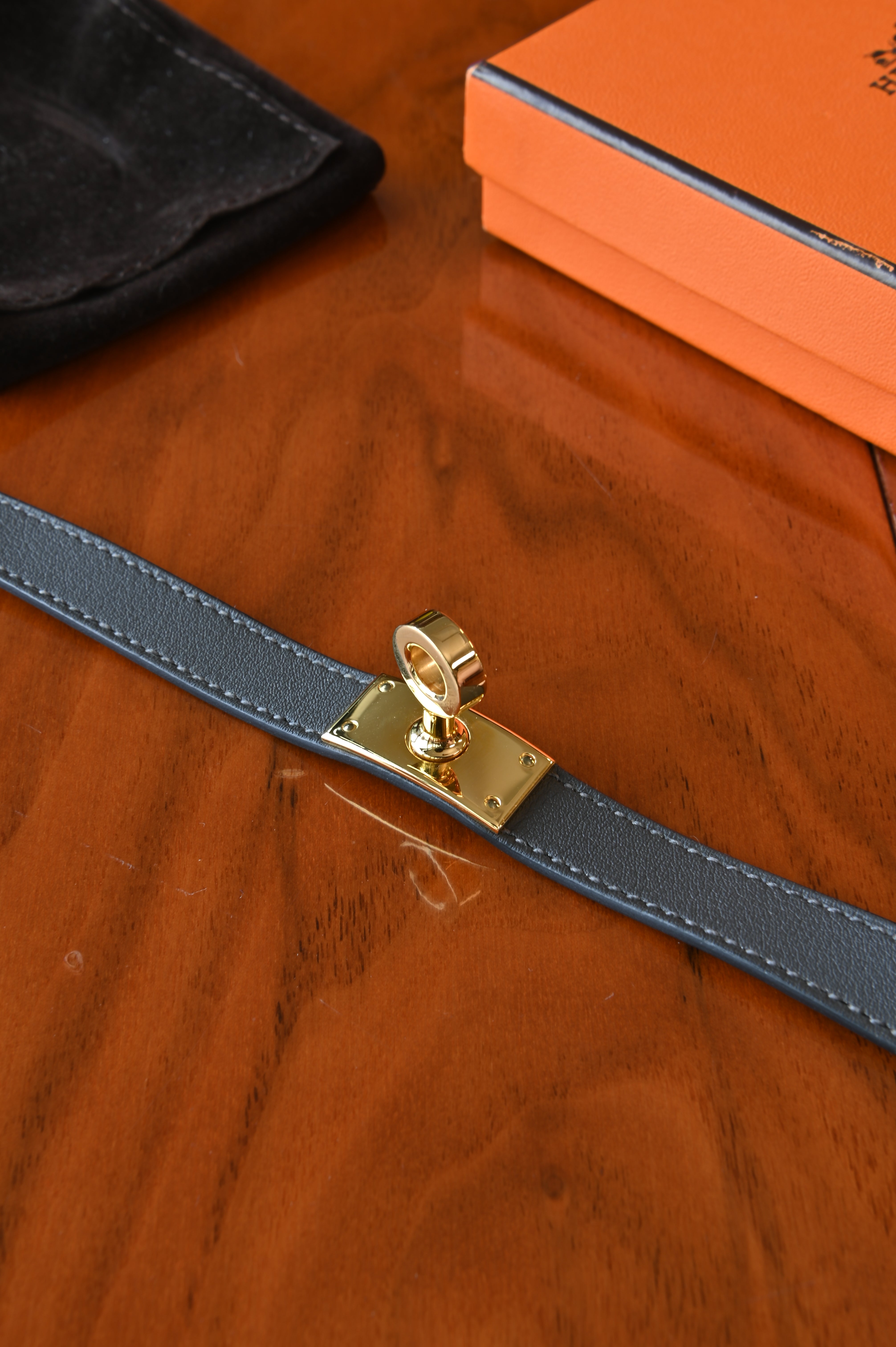 Hermes Grey Mini Kelly Double Tour Bracelet in Gold Hardware flat