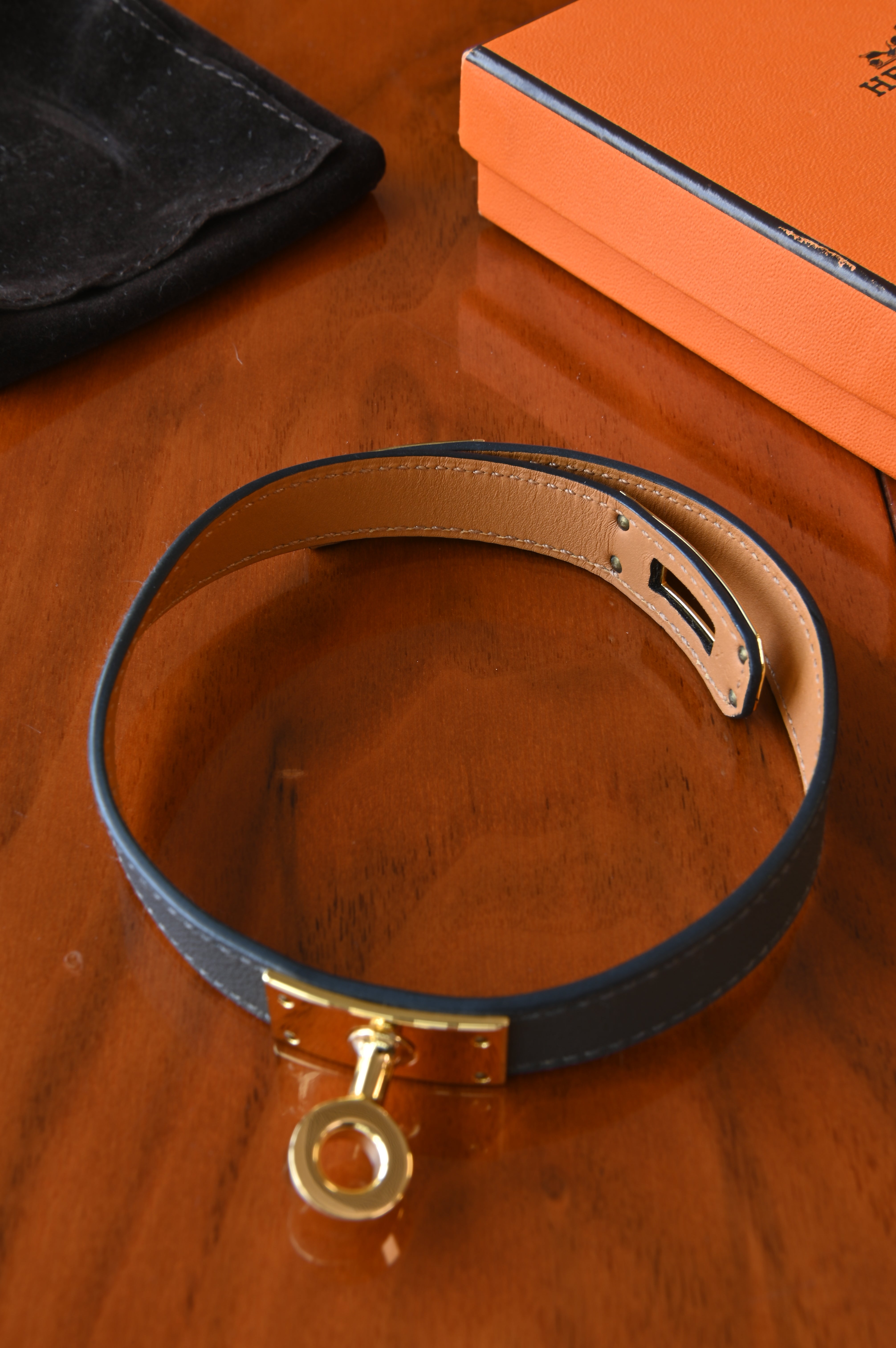 Hermes Grey Mini Kelly Double Tour Bracelet in Gold Hardware open