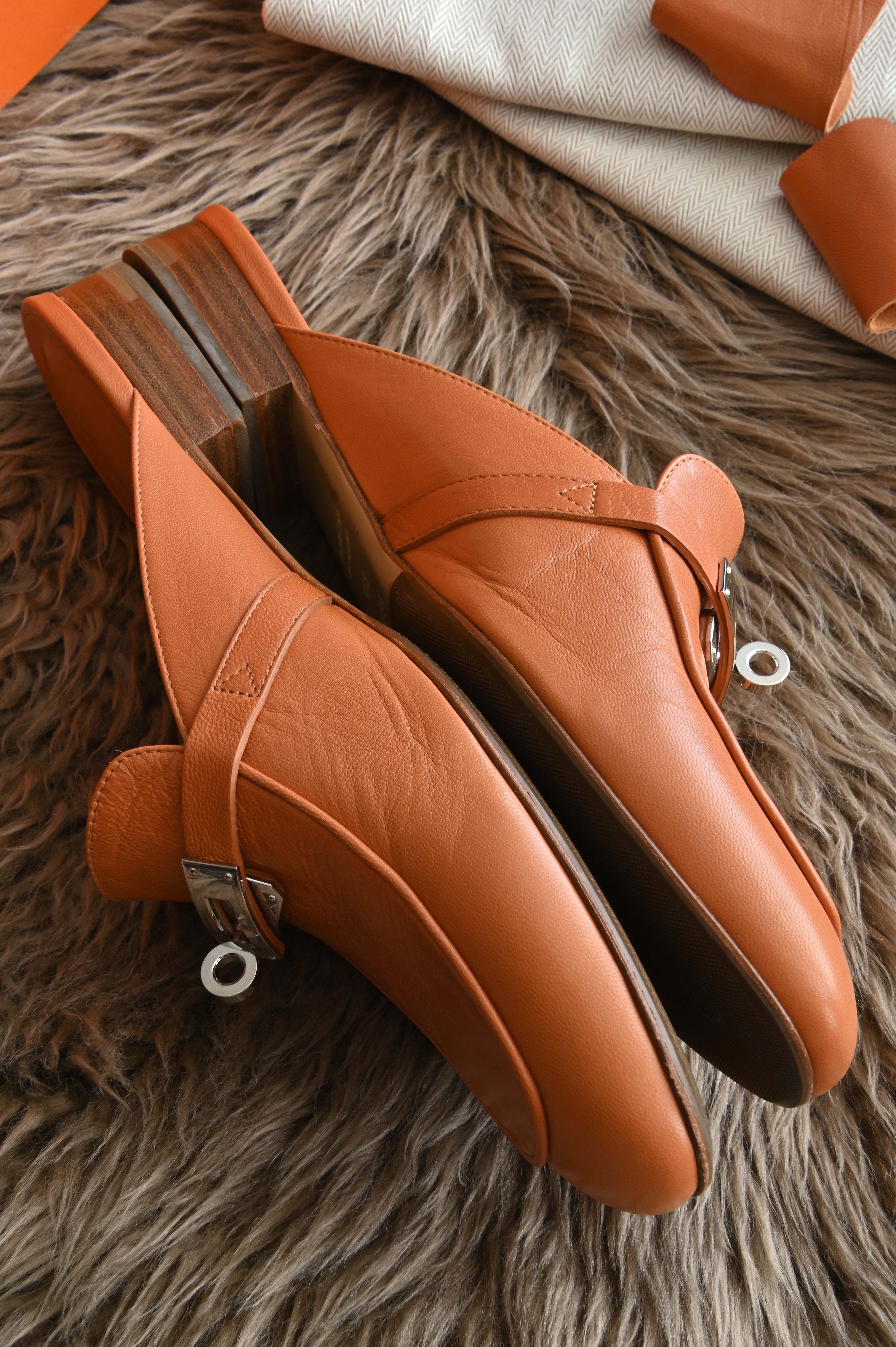 Hermes Oz mules in Tan side two