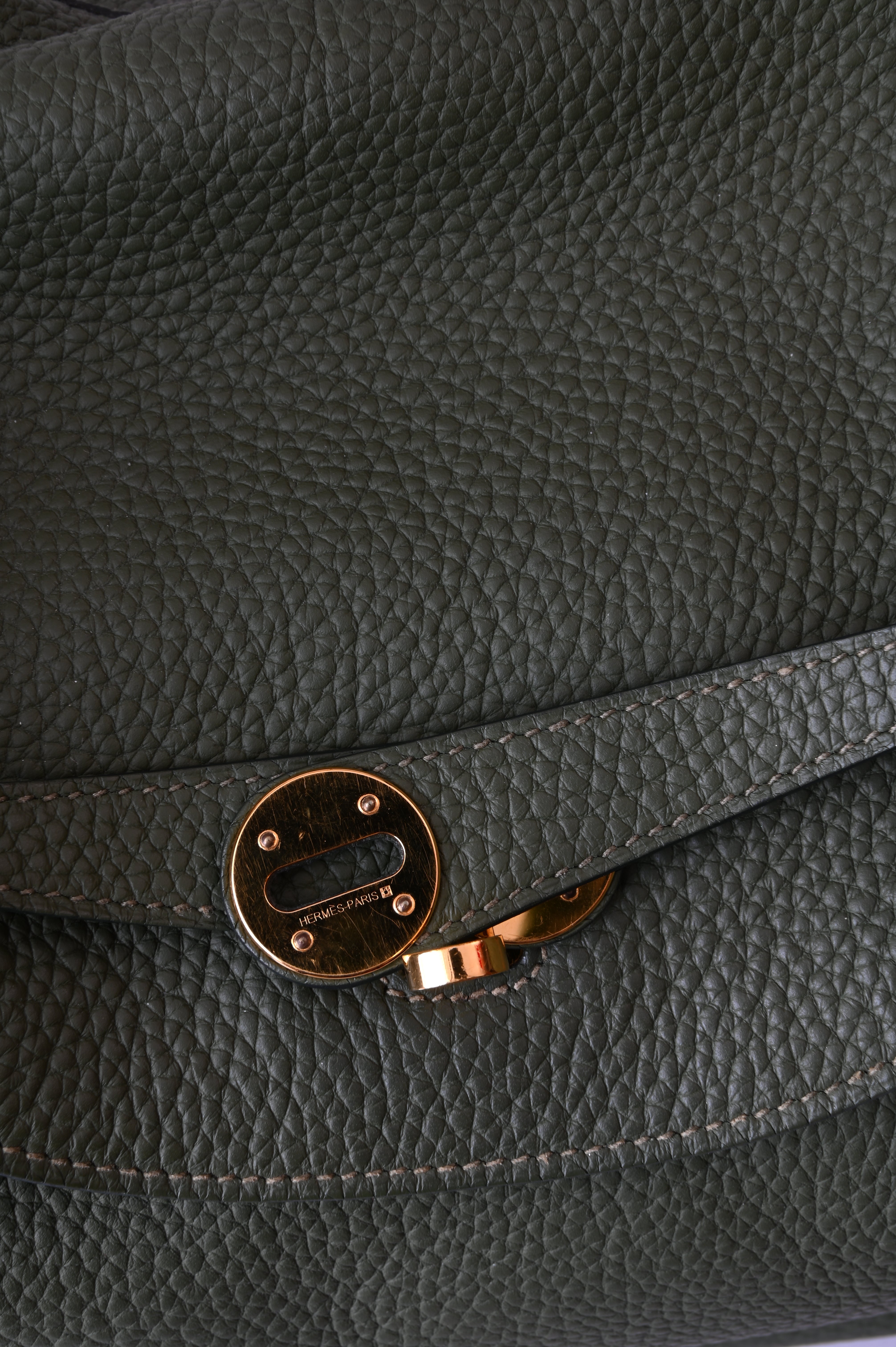 Hermes Lindy Taurillon Clemence 30 in Olive green and gold hardware