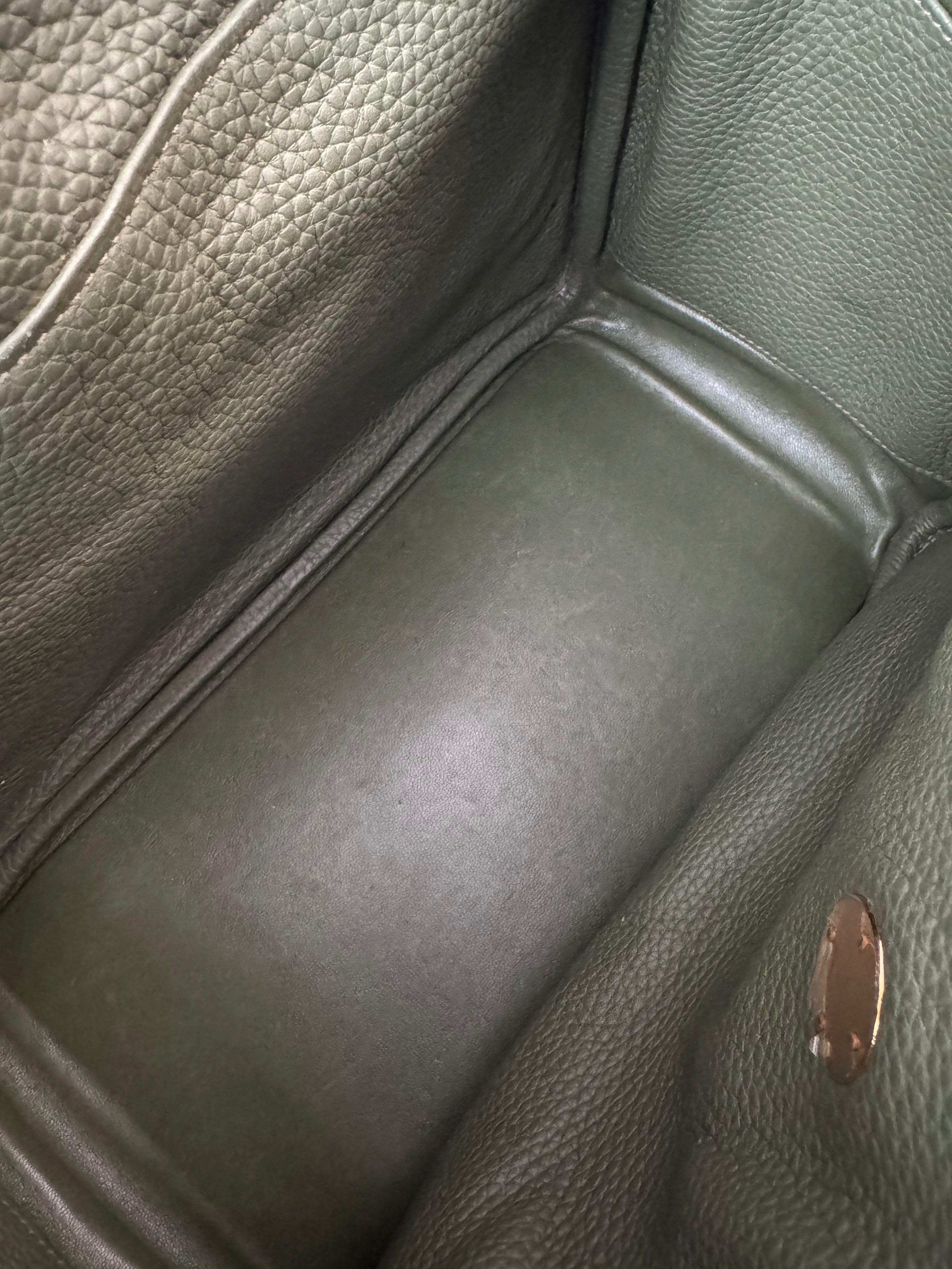 Hermes Lindy Taurillon Clemence 30 in Olive green and gold hardware