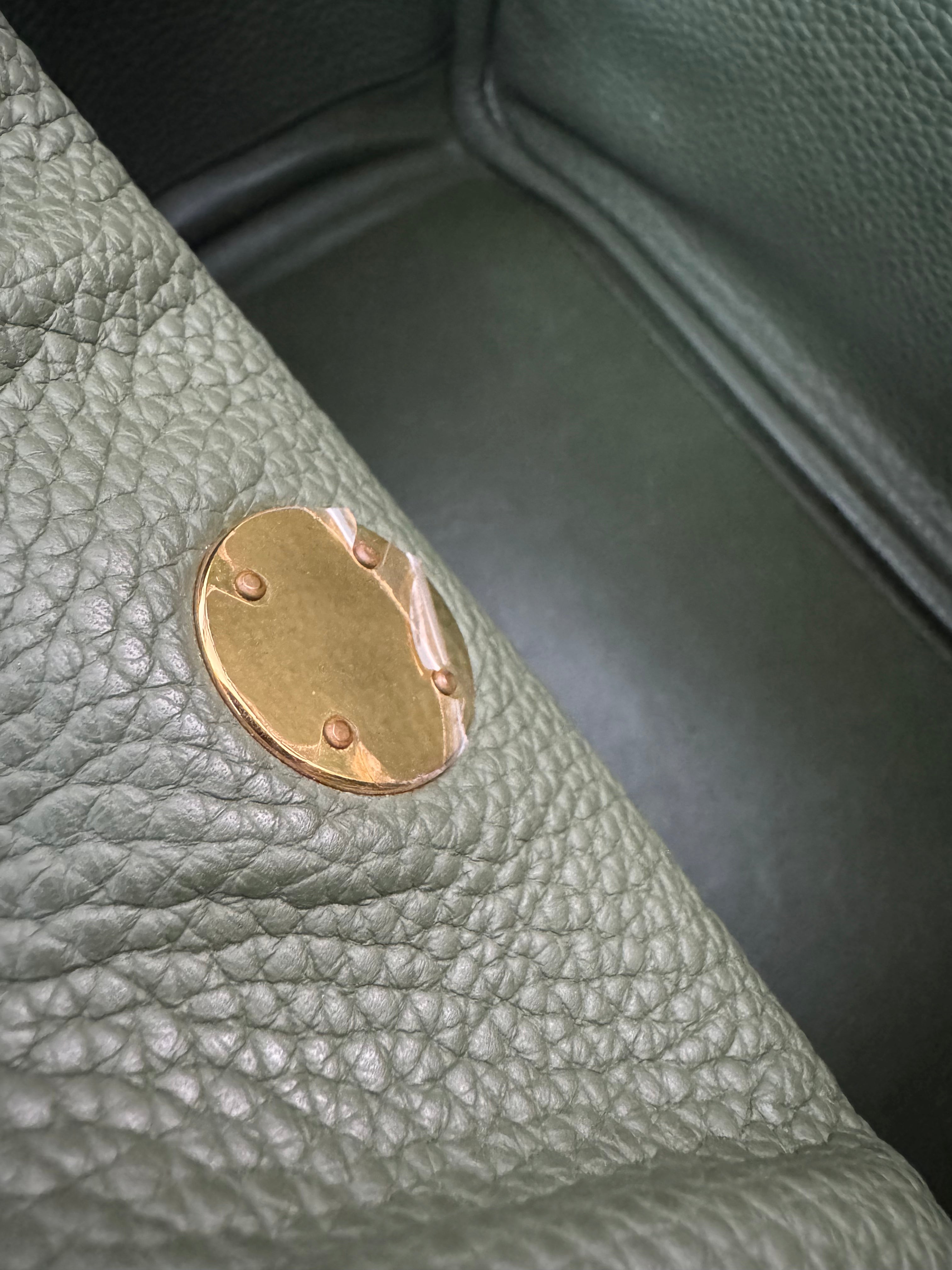 Hermes Lindy Taurillon Clemence 30 in Olive green and gold hardware