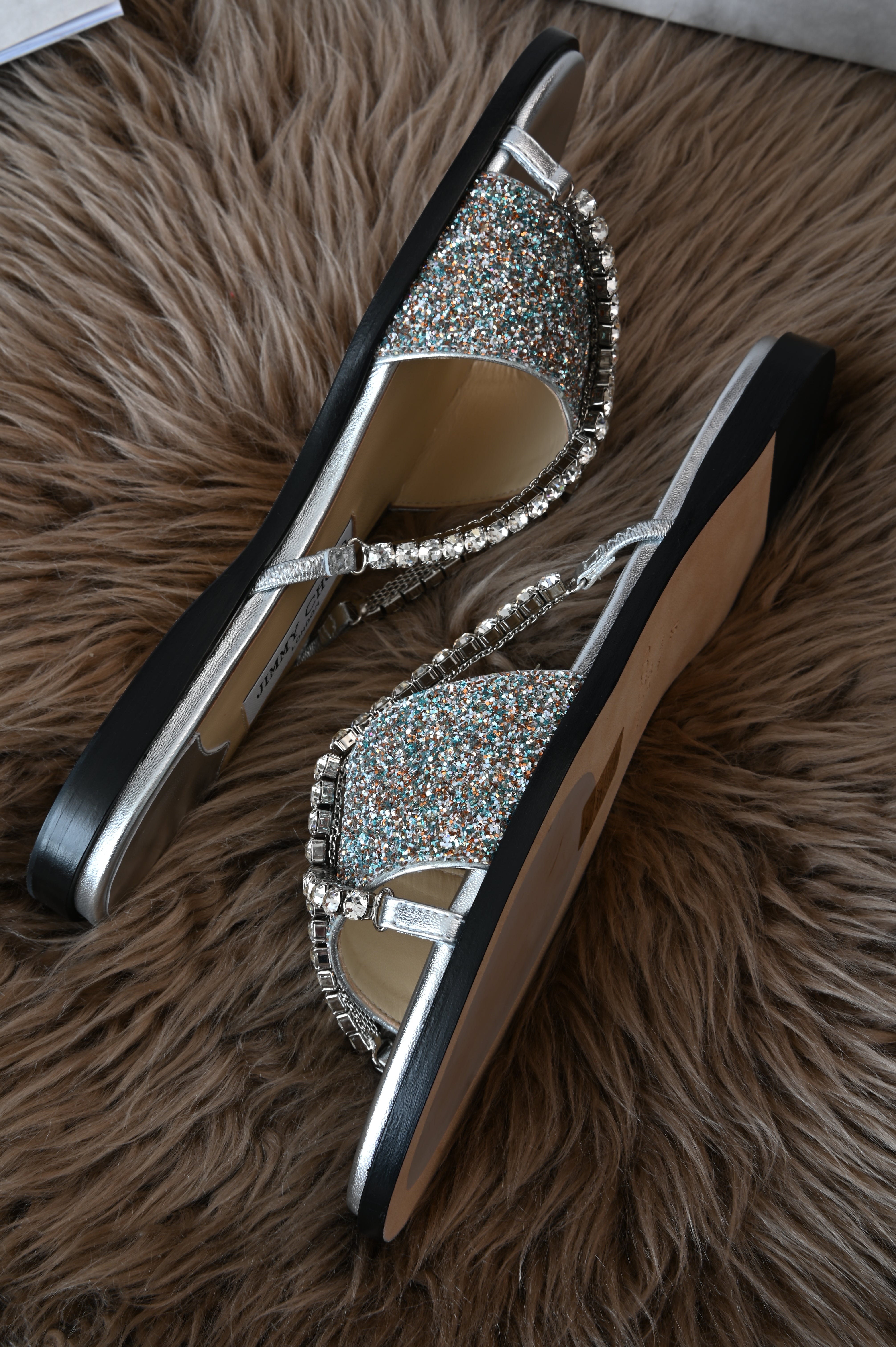 Jimmy Choo Aadi embellished glittered sandals sides 1