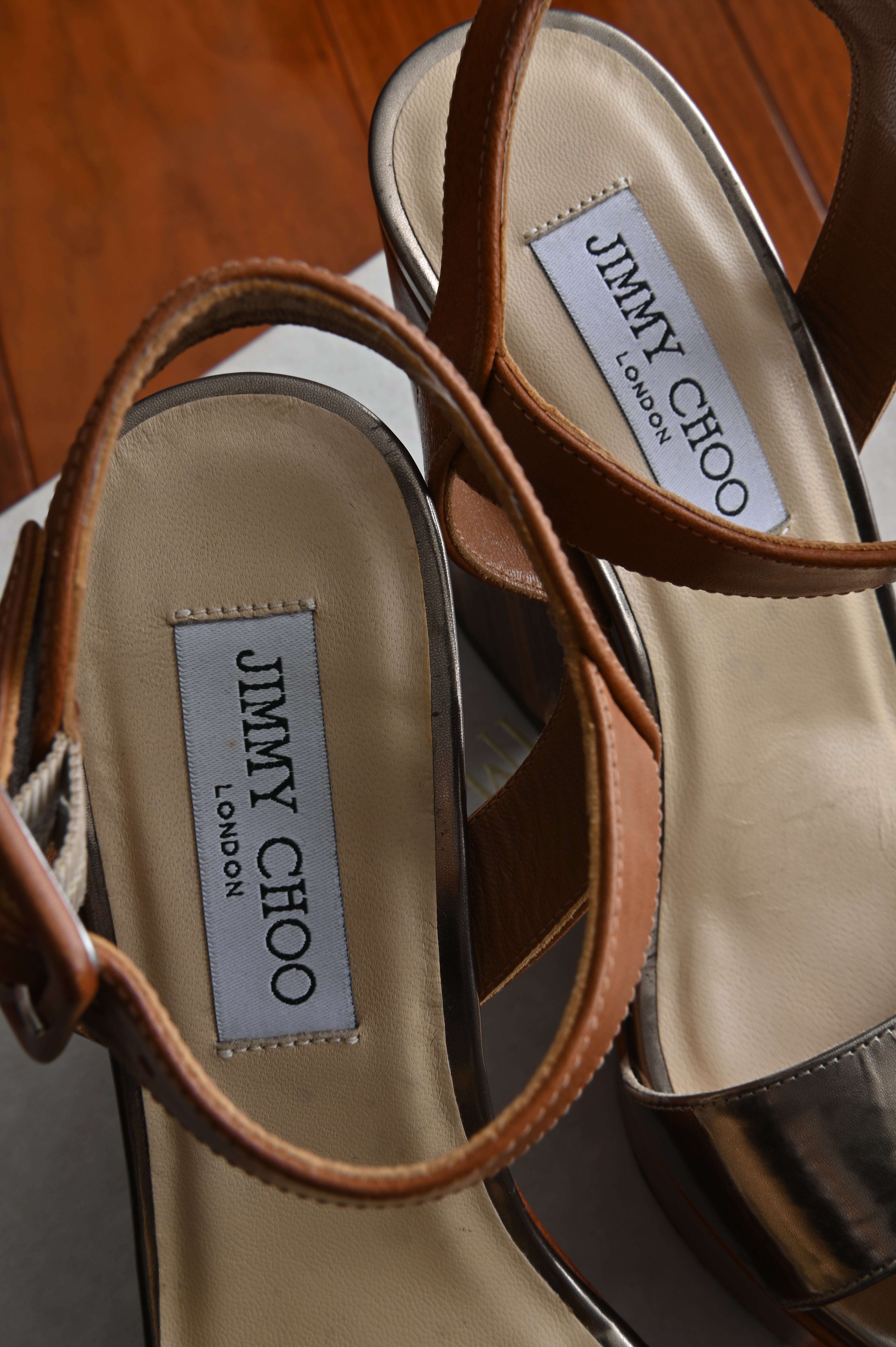 Jimmy Choo Gold Block Heeled Wedges logo