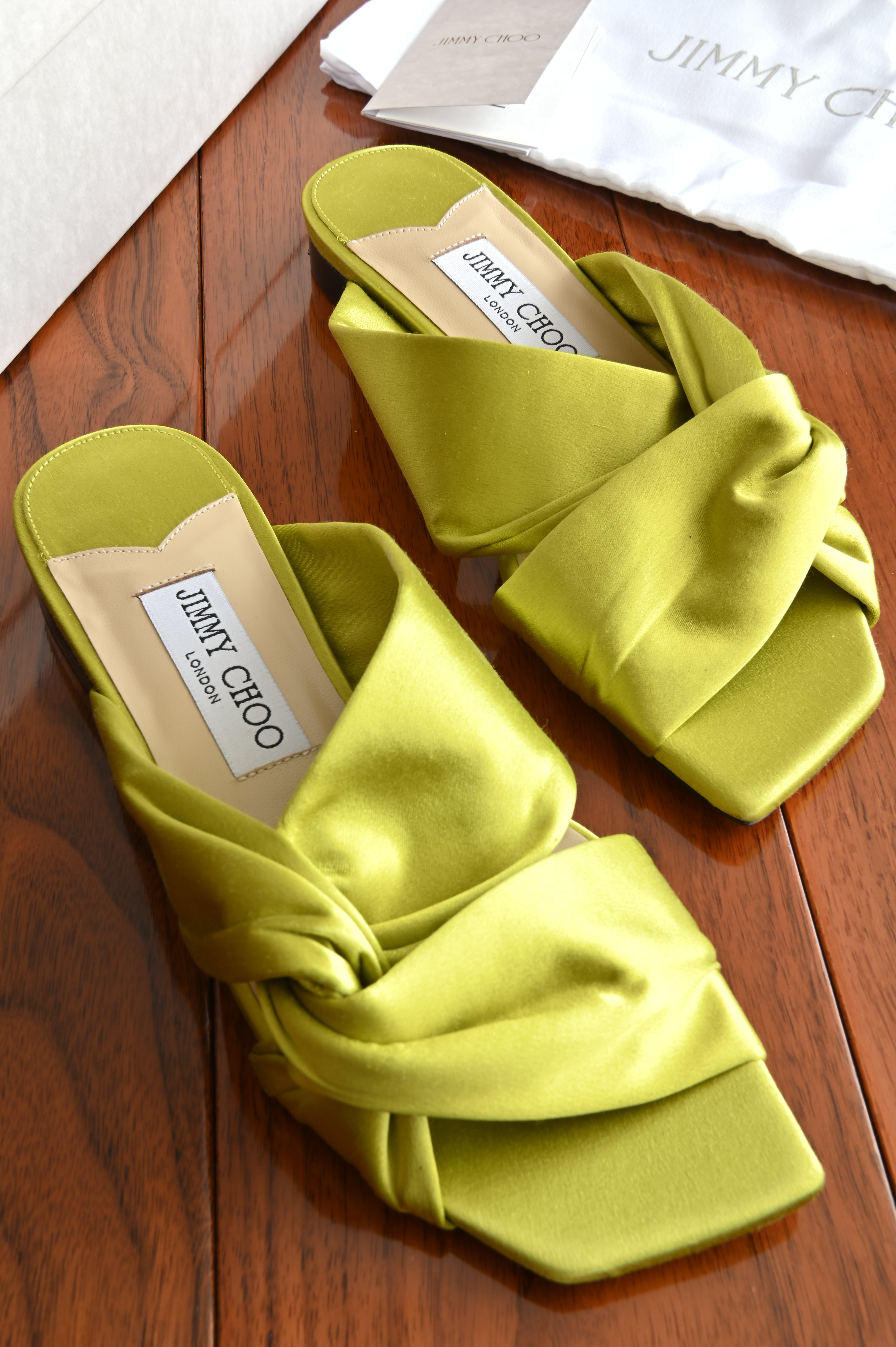 Jimmy Choo Lime Green Satin Flats front