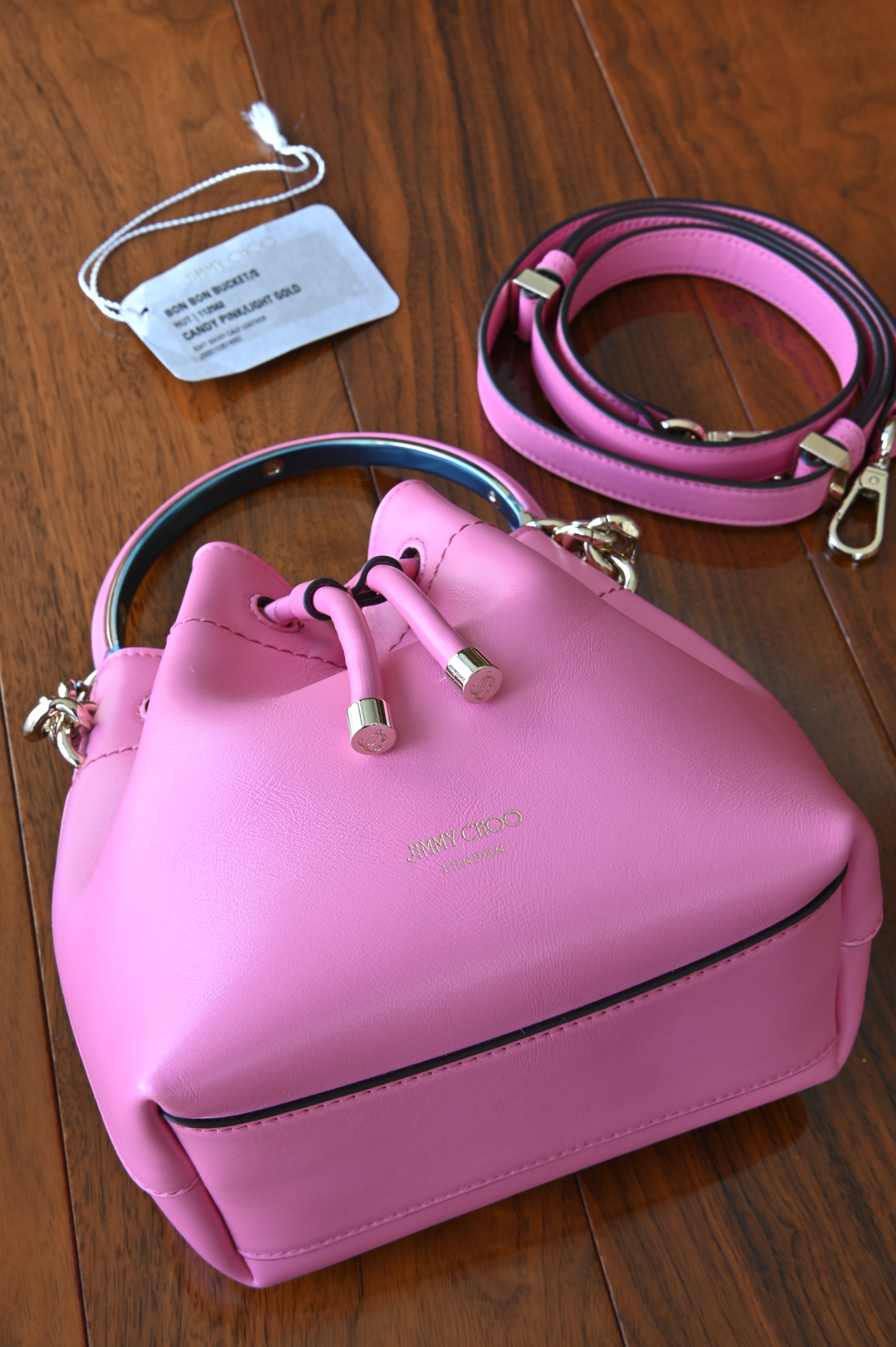 Jimmy Choo Pink Bon Bon Bucket Bag angle