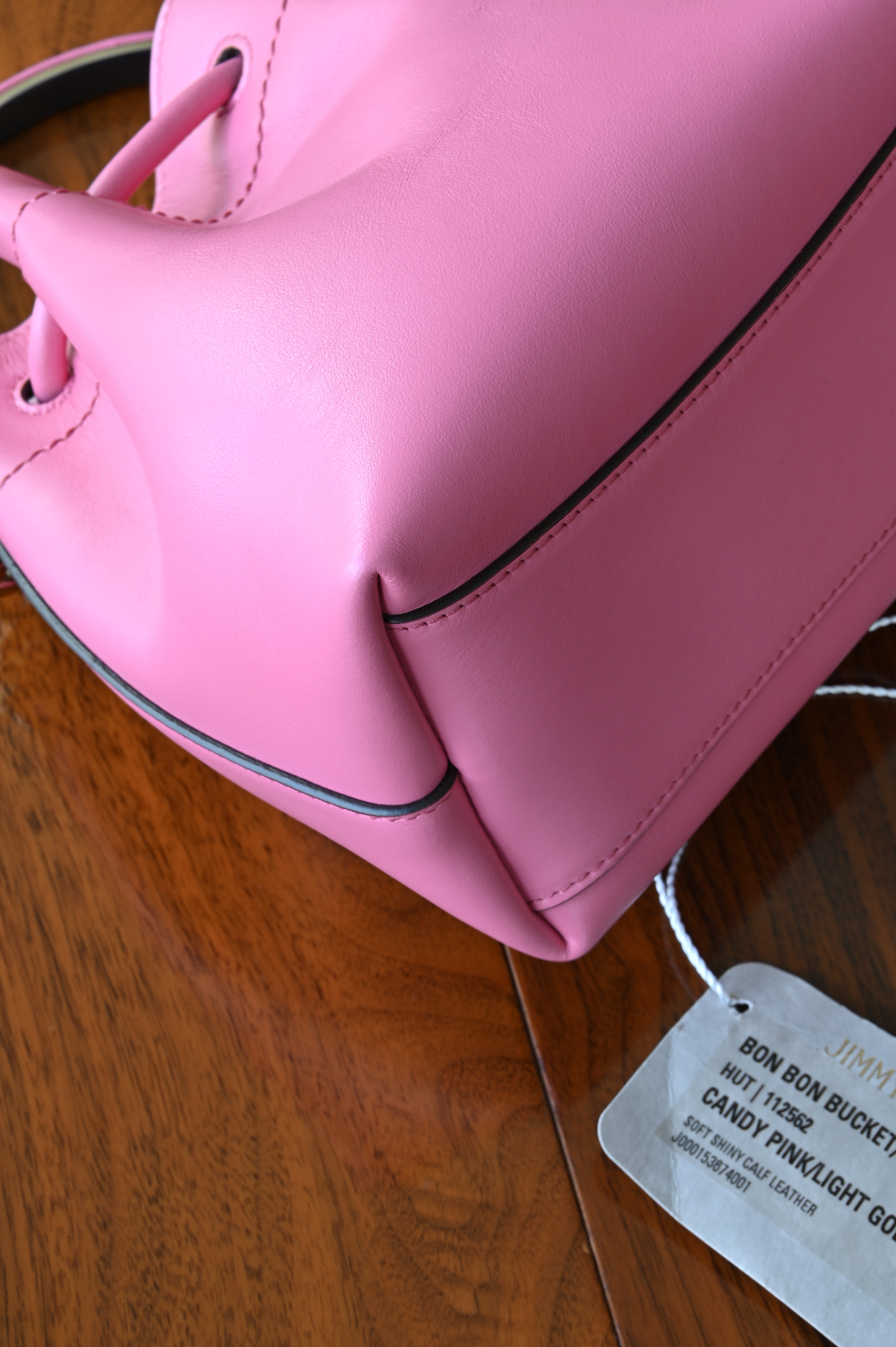 Jimmy Choo Pink Bon Bon Bucket Bag back angle two