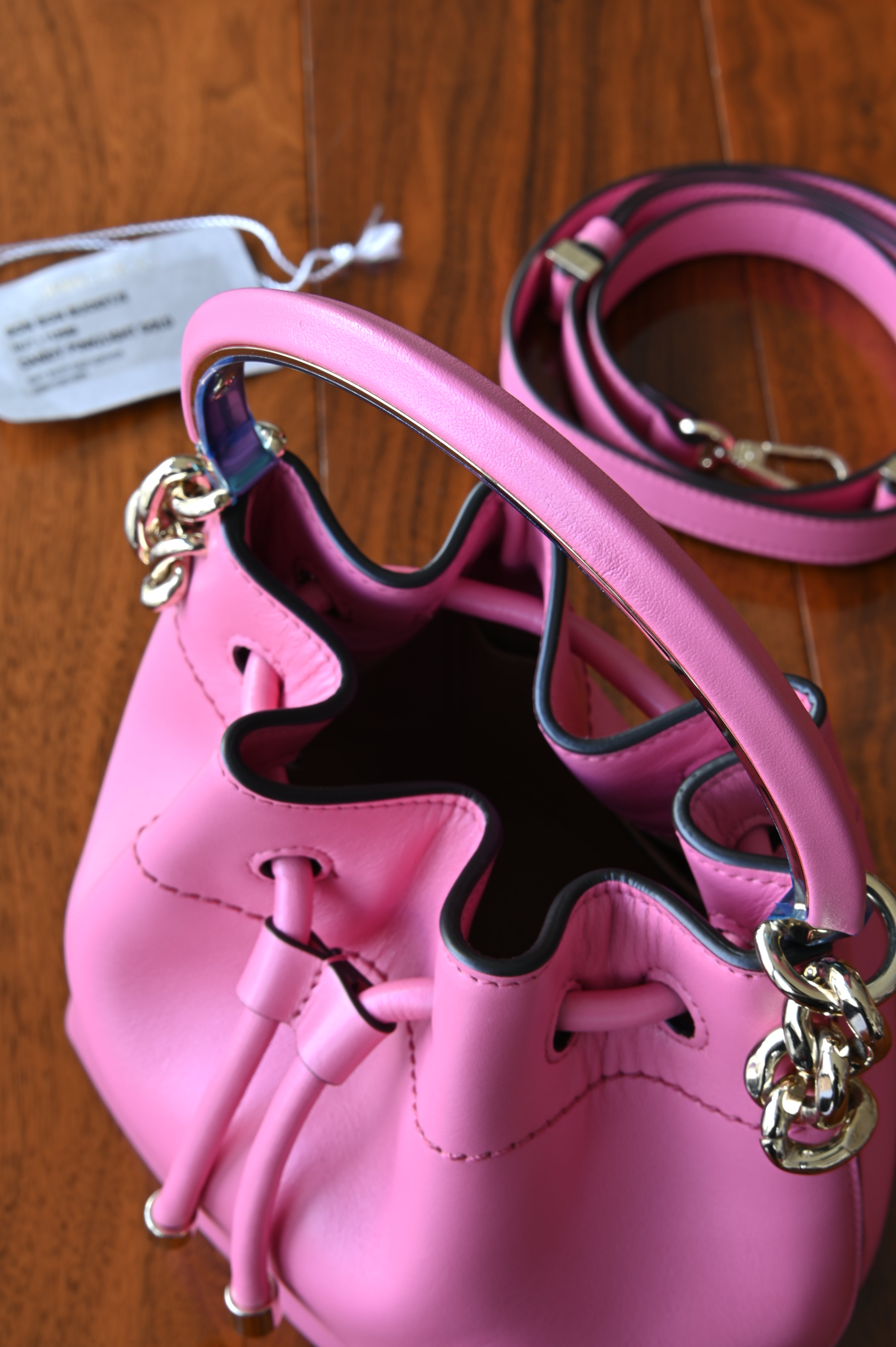 Jimmy Choo Pink Bon Bon Bucket Bag handle